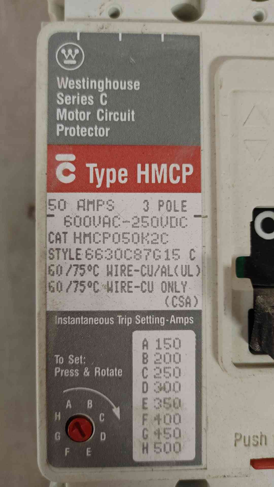 Westinghouse Series C Motor Circuit Protector 50A 3 Pole 600VAC 250VDC HMCP050K2C