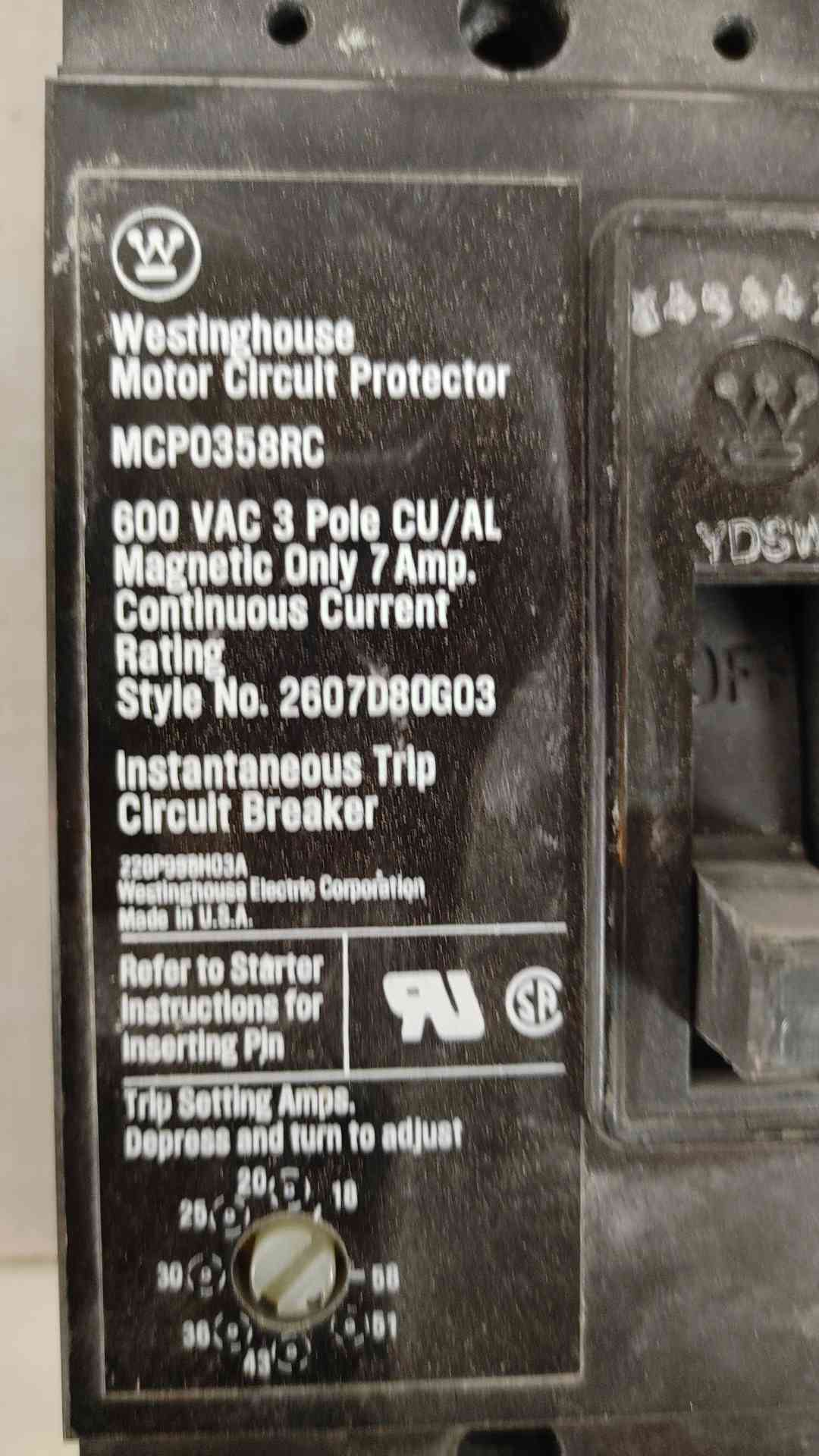 Westinghouse Motor Circuit Protector 3 Pole 7A 600VAC MCP0358RC