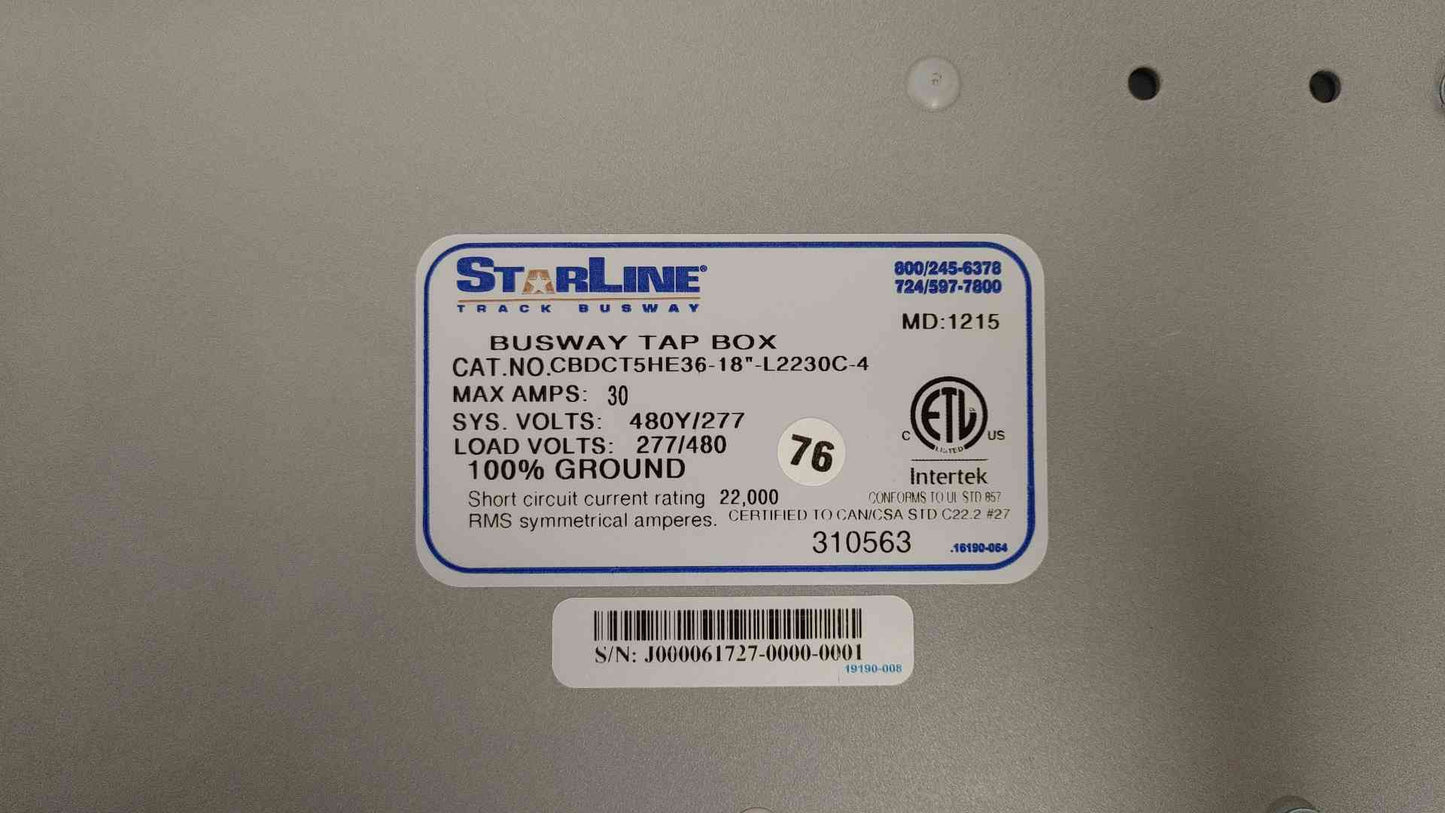 *Pickup Only* Starline Busway Tap Box 30A 480Y/277V CBDCT5HE36-18"-L2230C-4