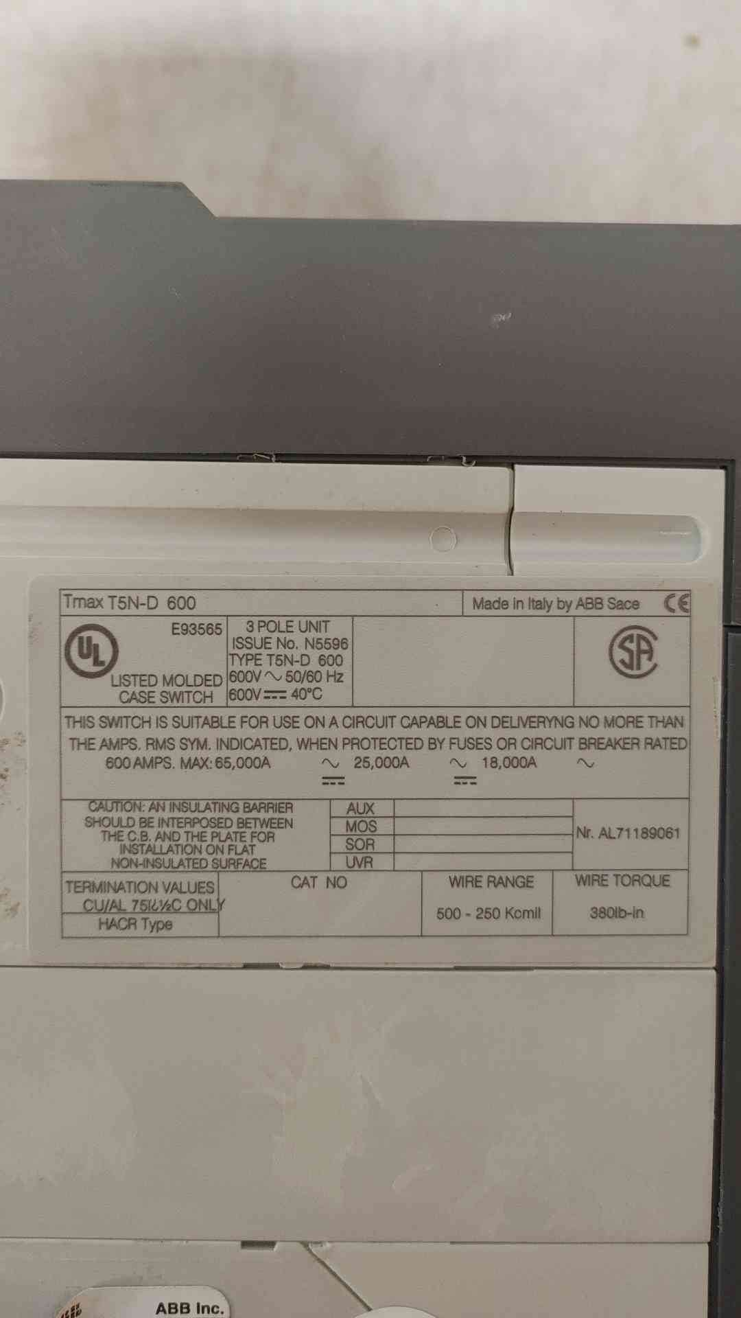 ABB Save Tmax 600A T5N-D 3 Pole Circuit Breaker (108592)