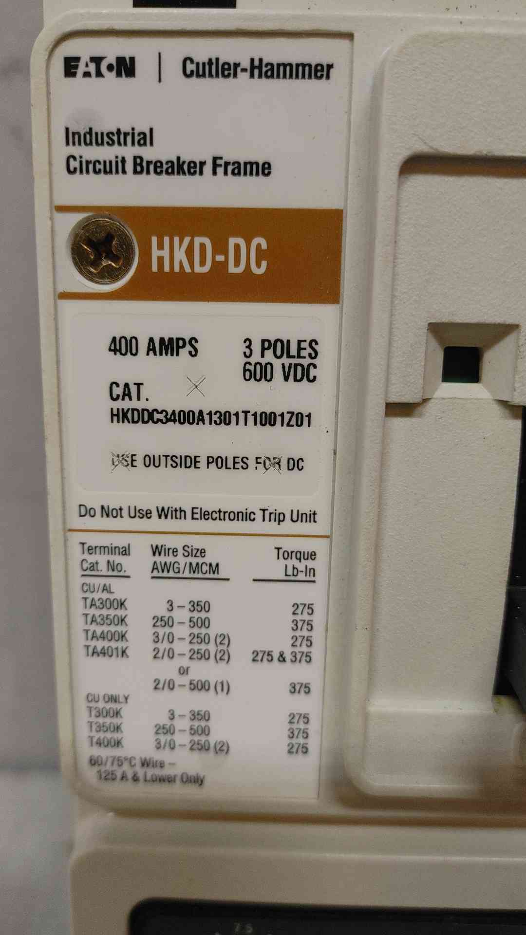 Cutler-Hammer Circuit Breaker 400 Amp 3 Pole HKDDC3400A1301T1001Z01 (108593)