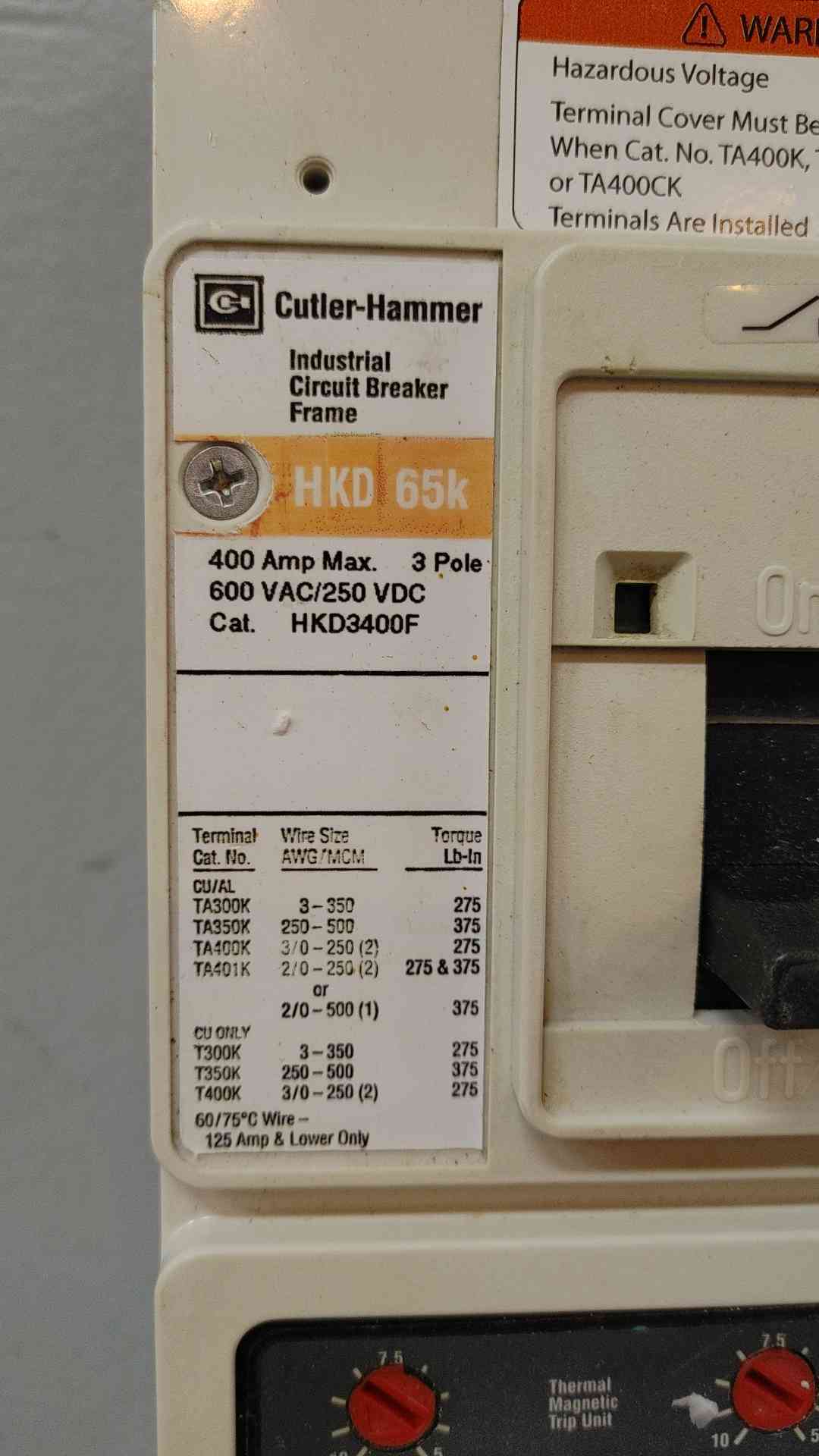Cutler-Hammer Circuit Breaker 400A 600VAC 250VDC HKD3400F (108854)