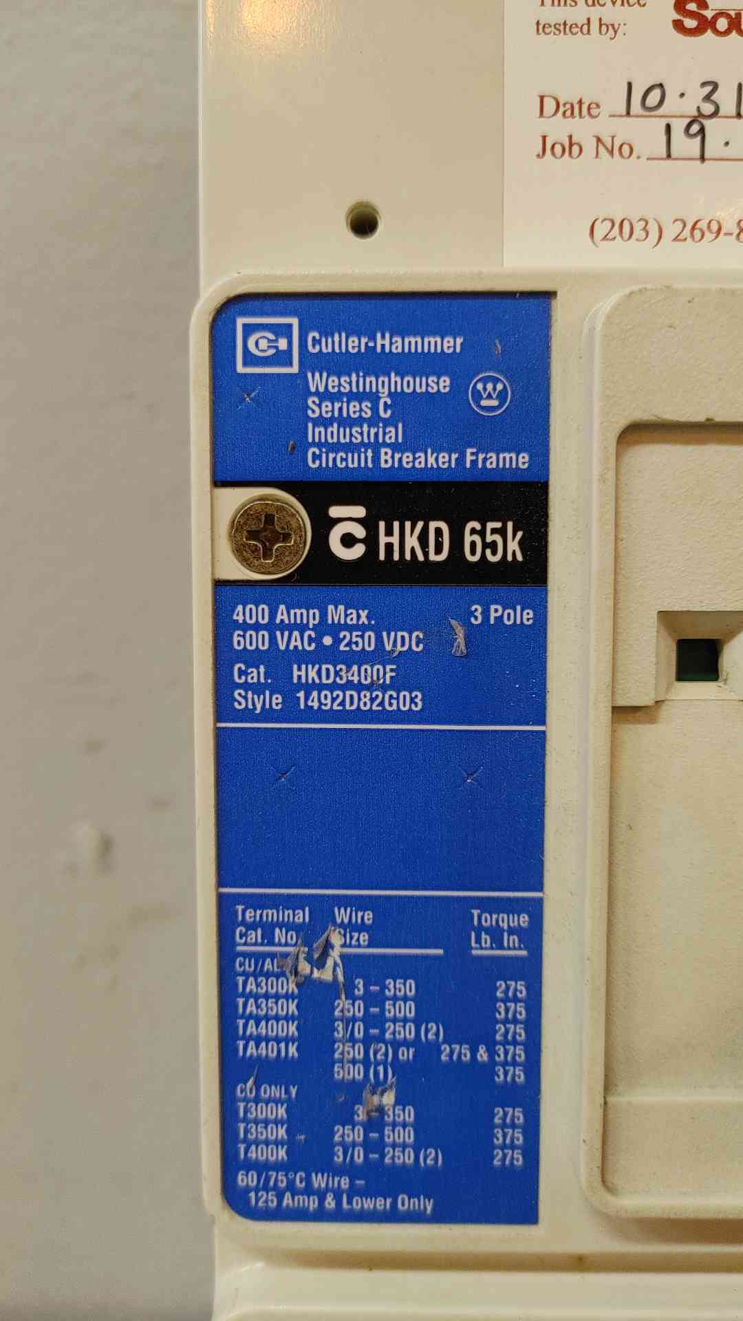Westinghouse Series C Industrial 3 Pole Circuit Breaker 400A 600VAC 250VDC HKD3400F (108844)