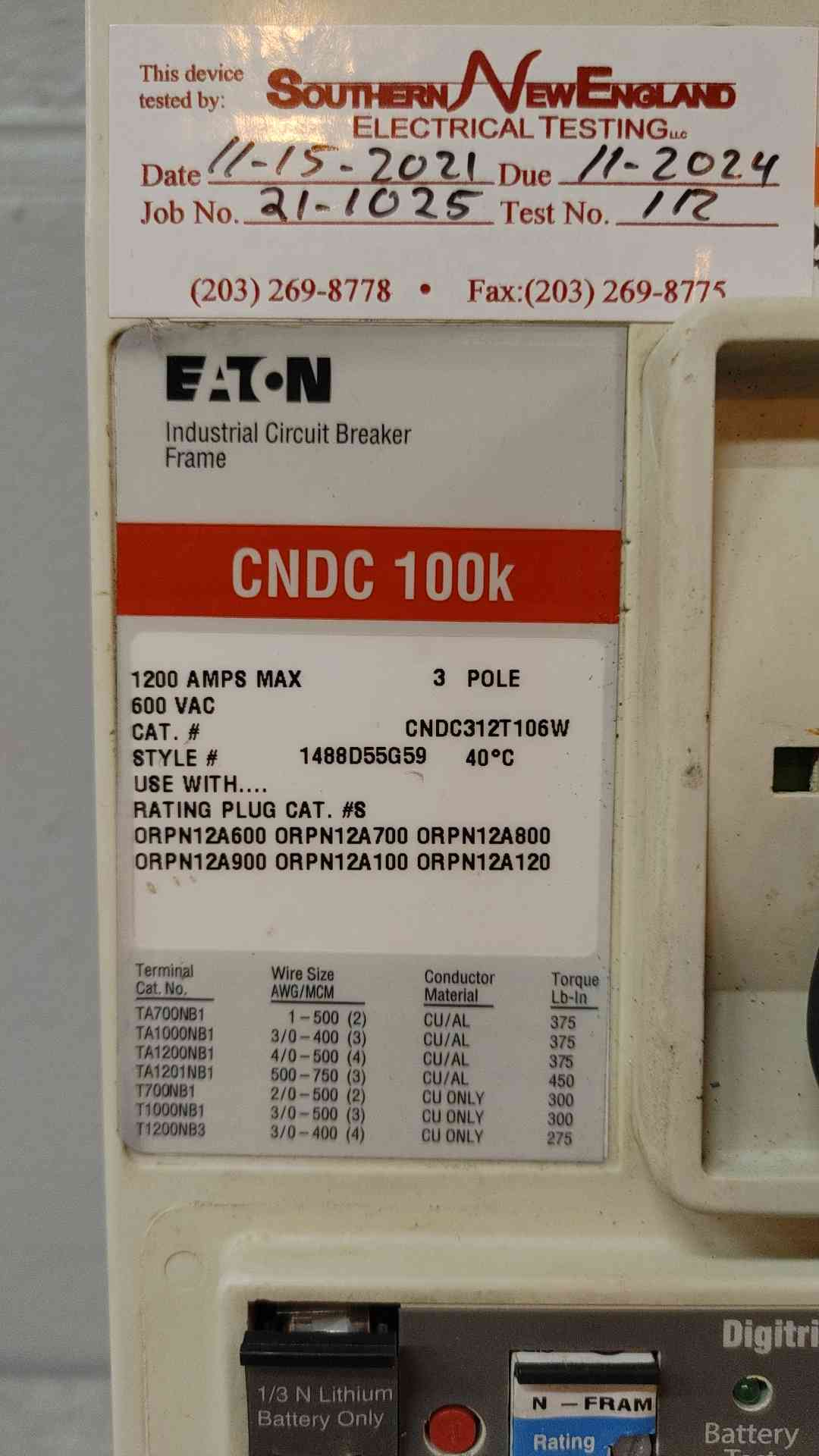 Eaton 3 Pole Industrial Circuit Breaker 1200A 600VAC CNDC100K (108853)