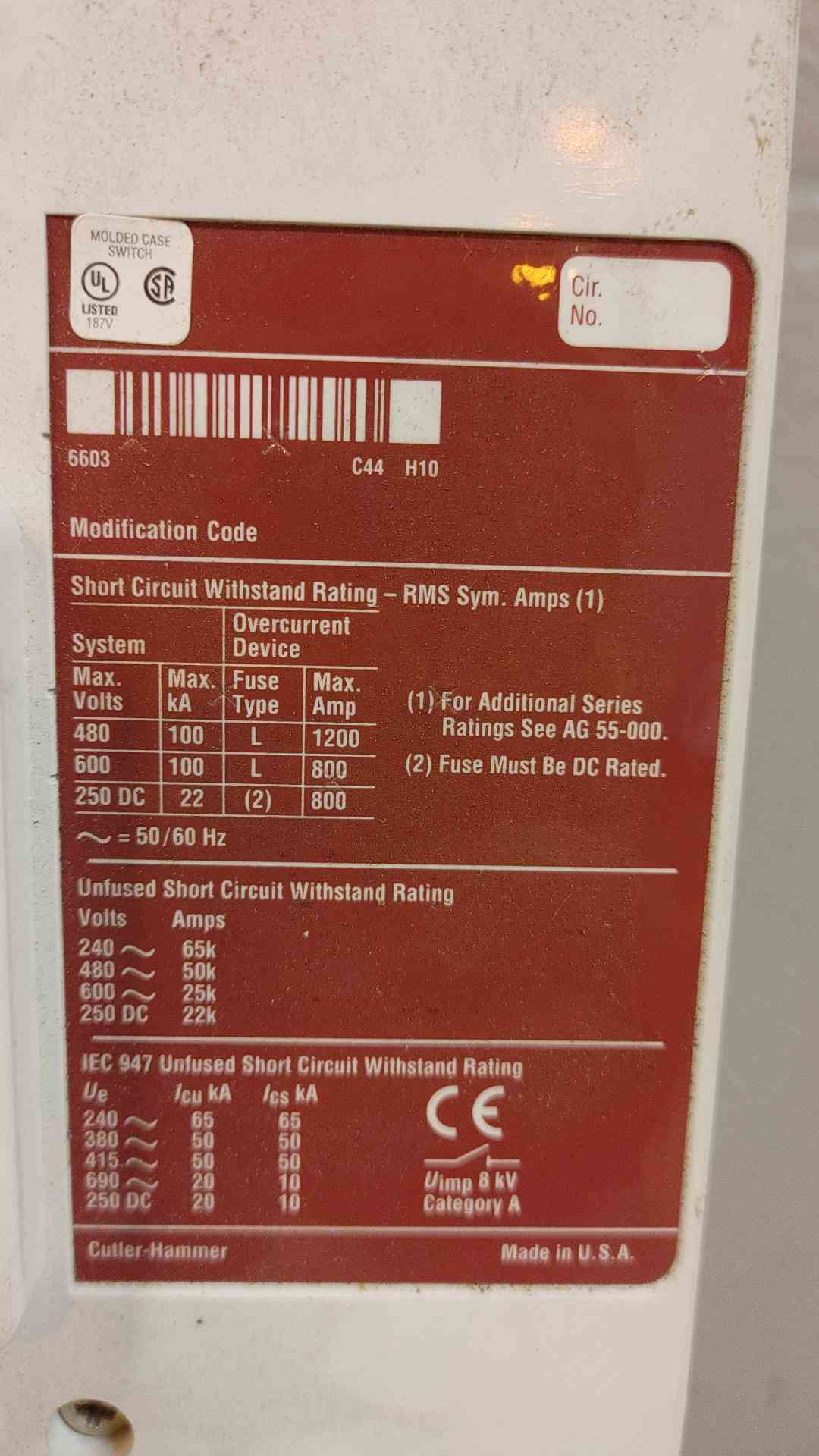 MDL-K Cutler Hammer Series C Molded Case Switch 800 Amp 600 VAC 3 Pole MDL3800WK (108966)