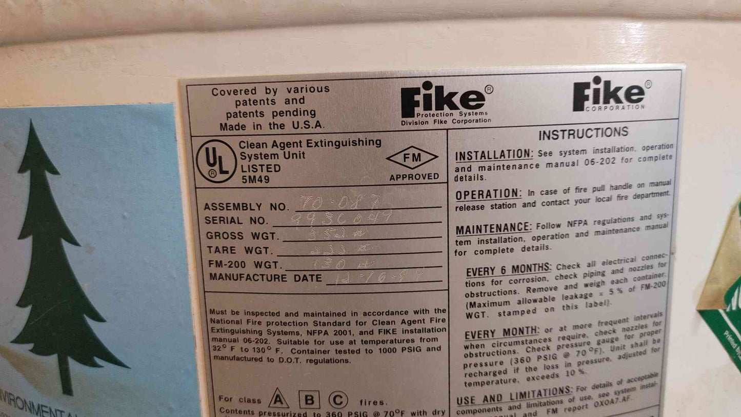 Fike 130 LBS Clean Agent Fire Suppression Cylinder FM-200 (109256)