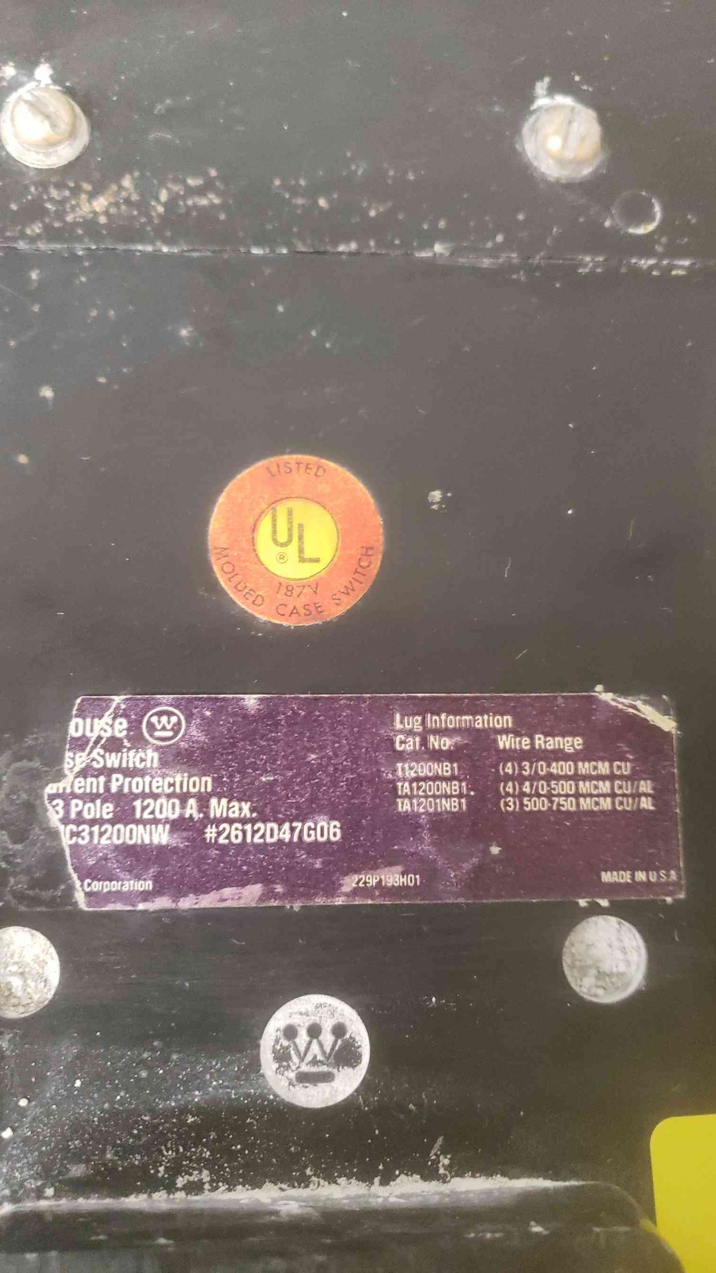 Westinghouse 1200A 600VAC-250VDC 3 Pole Breaker (SKU: 109592)