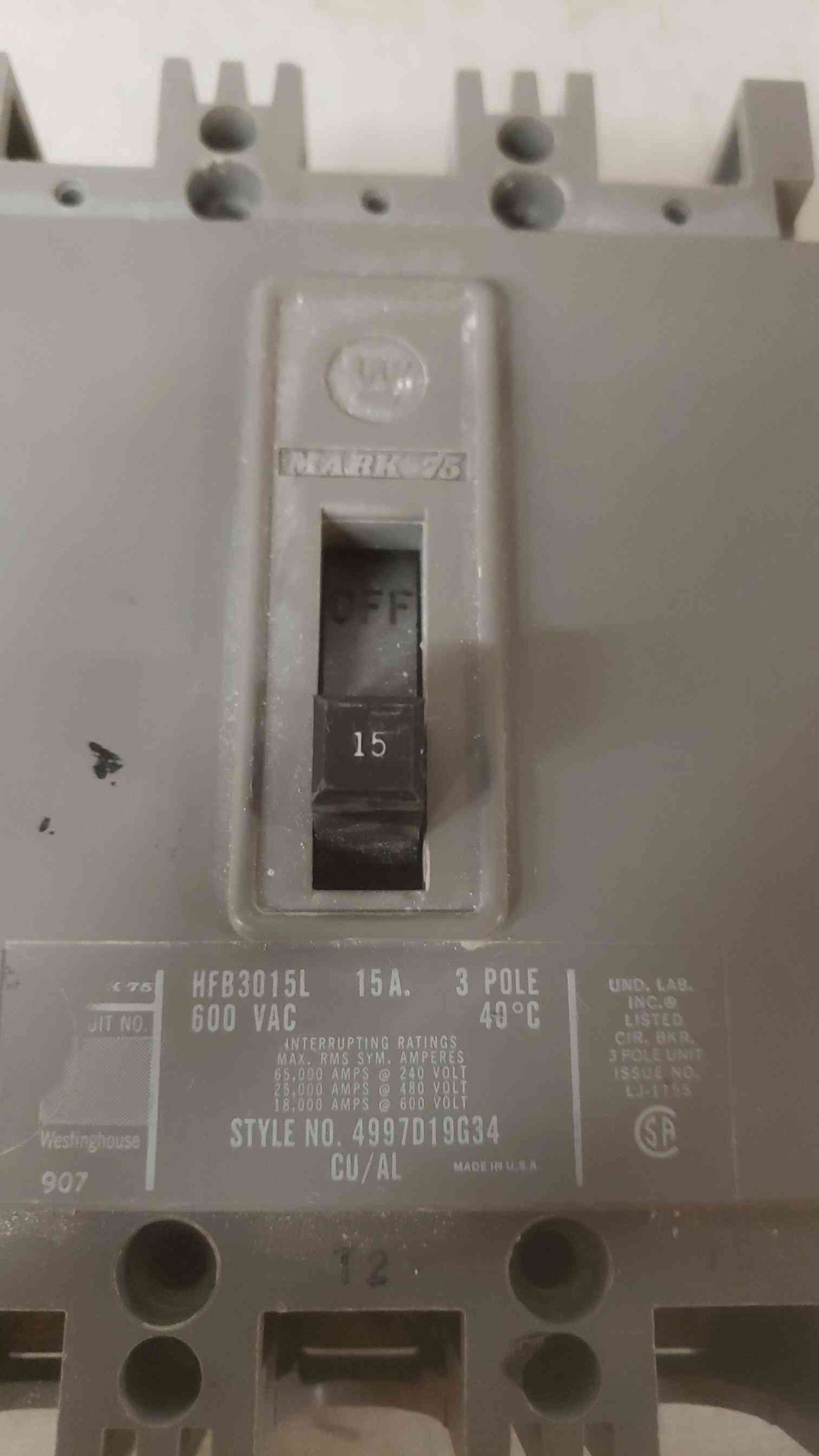Westinghouse 15A 600VAC 3 Pole Breaker HFB3015L (SKU: 109606)