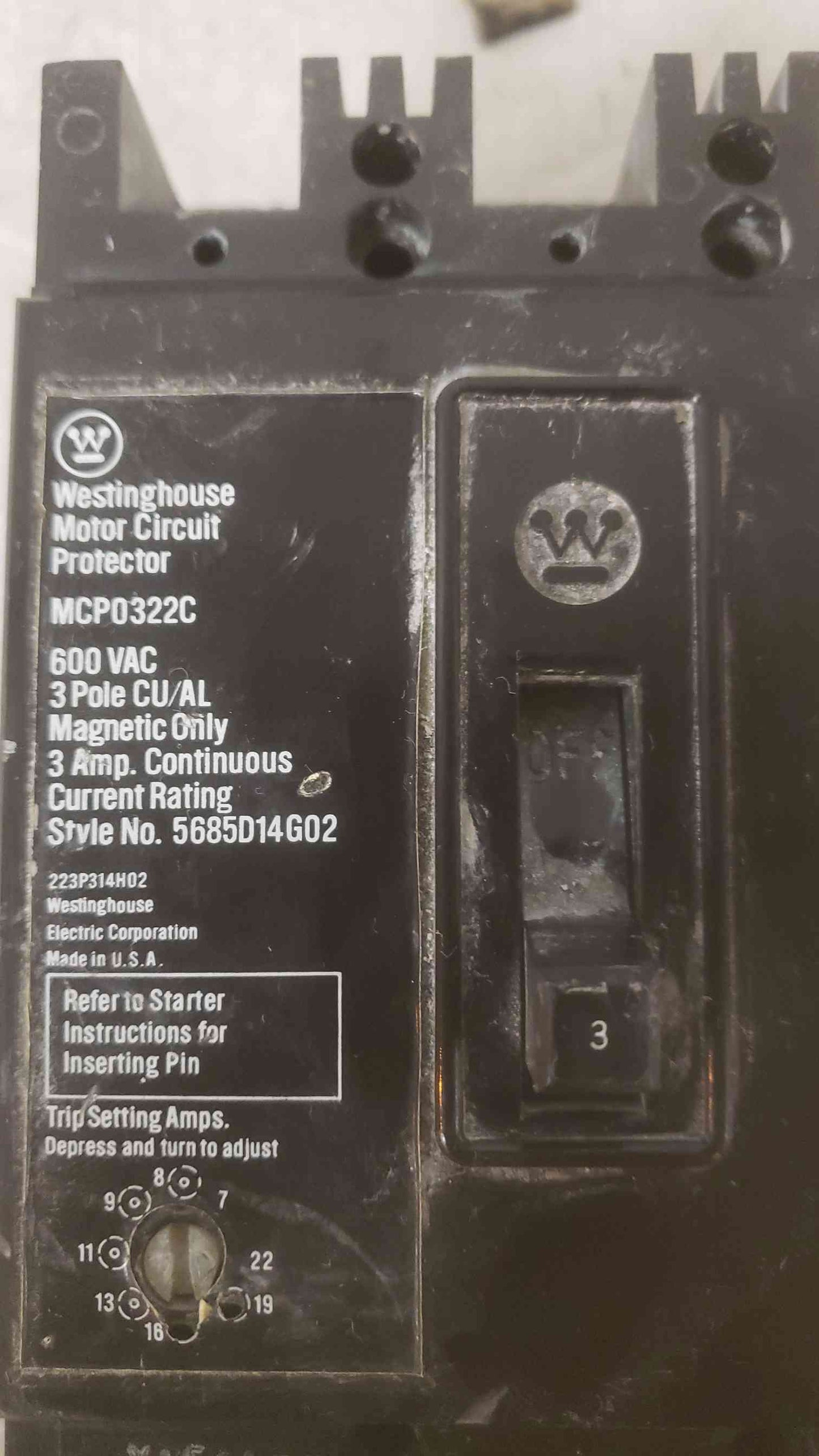 Westinghouse 3A 600VAC 3 Pole Breaker MCP0322C (SKU: 109609)