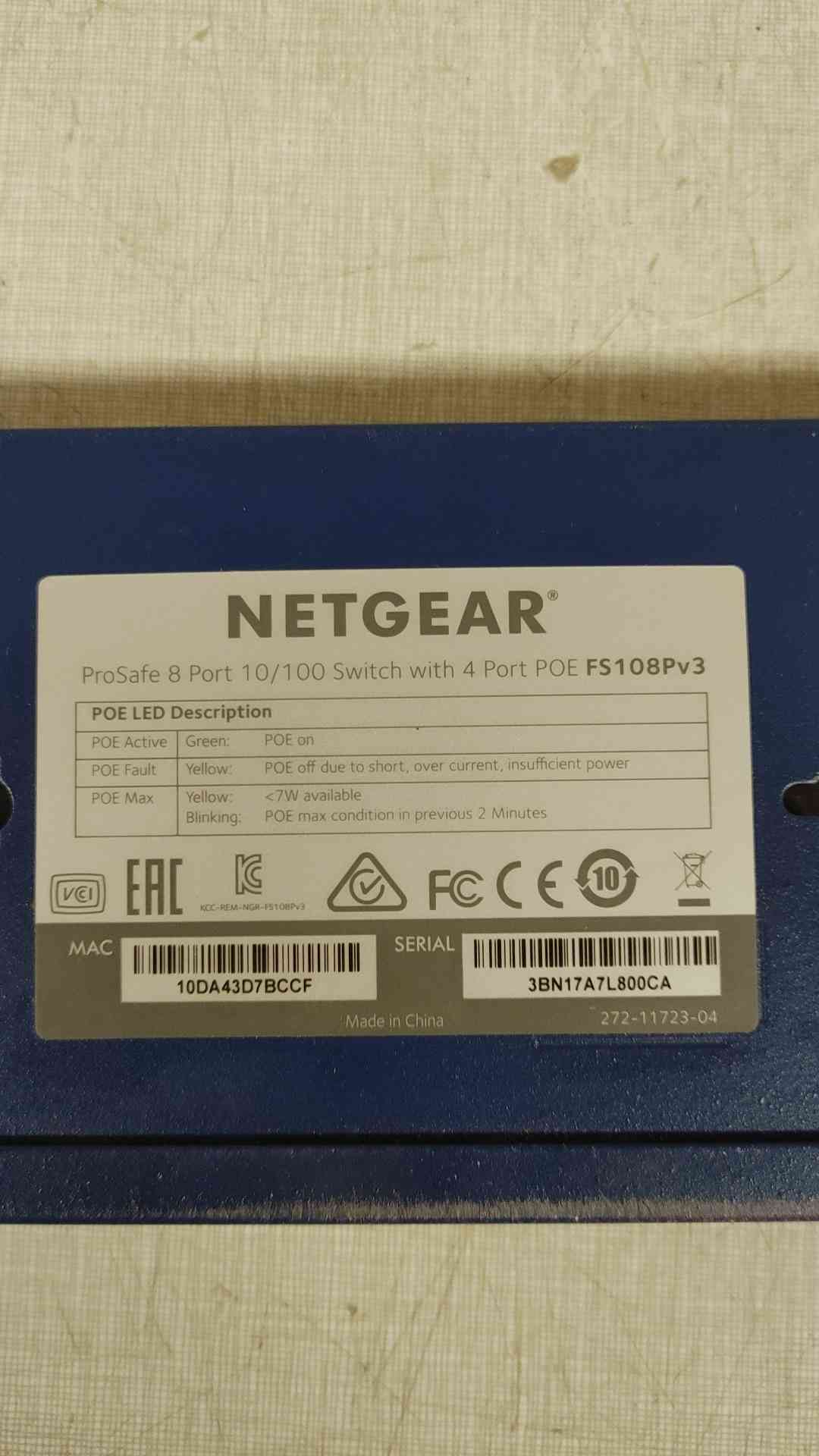 NETGEAR ProSafe 8 port 10/100Mbps Switch w/PoE FS108P (SKU: 109980)