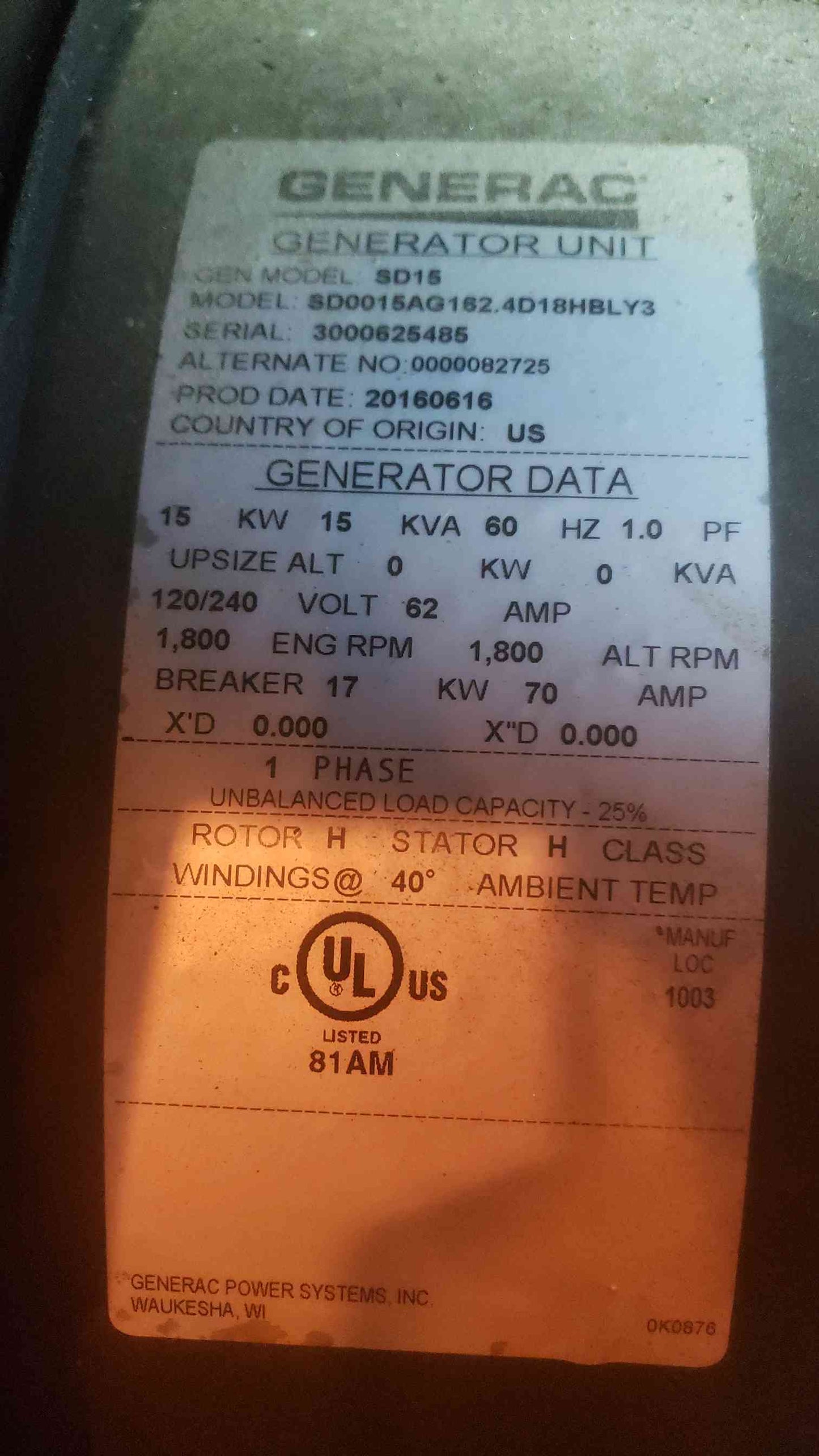 15KW GENERAC 1PH Diesel Generator SD15 Single Home Low Hours TESTED