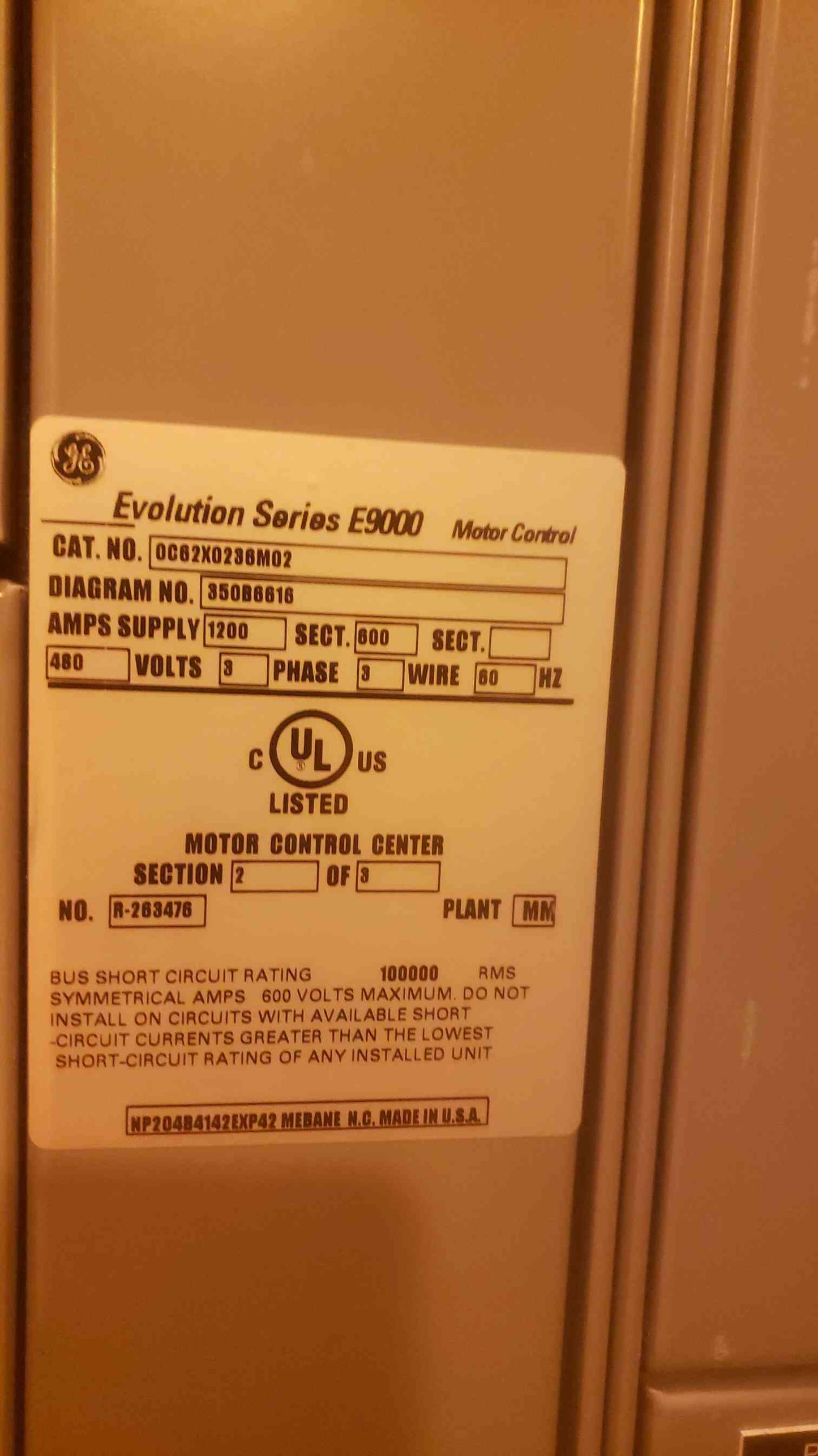 GE Evolution Series E9000 1200A 480V 3PH Motor Control Center OC62X0236M02 (SKU: 110549)