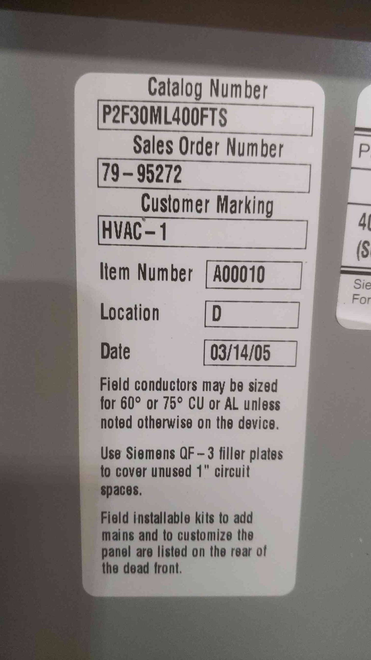 Siemens 400A 480V 3PH 3W P2F30ML400FTS Breaker Panelboard(SKU: 110554)