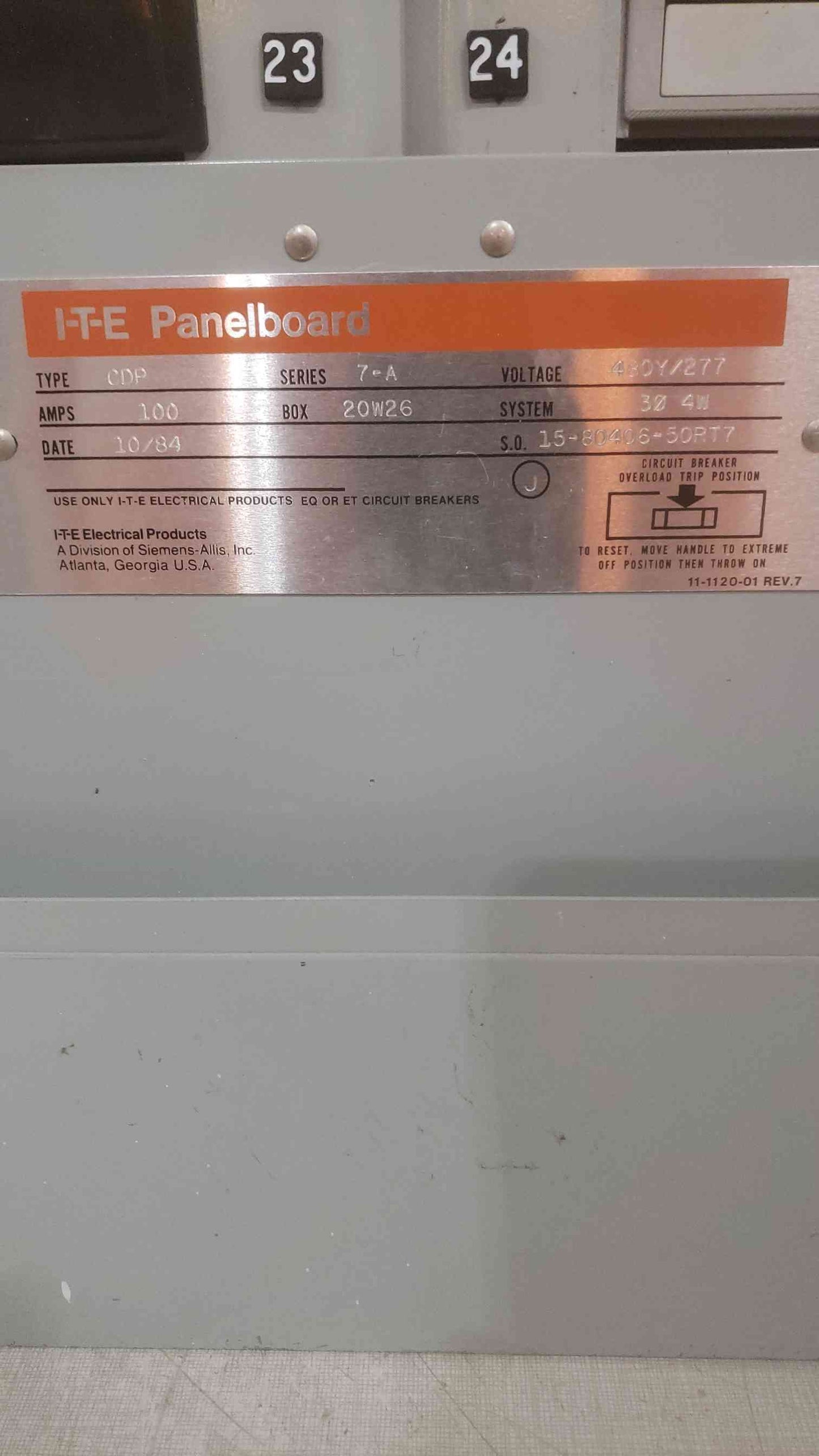 I-T-E CDP 277/480V 100A 4W PANELBOARD (SKU: 110576)
