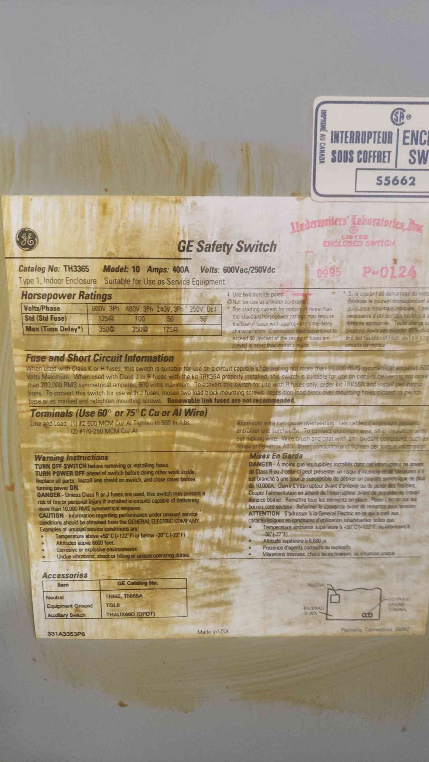 GE 400A 600Vac/250Vdc 3PH Fused Safety Switch TH3365 (SKU: 110612)