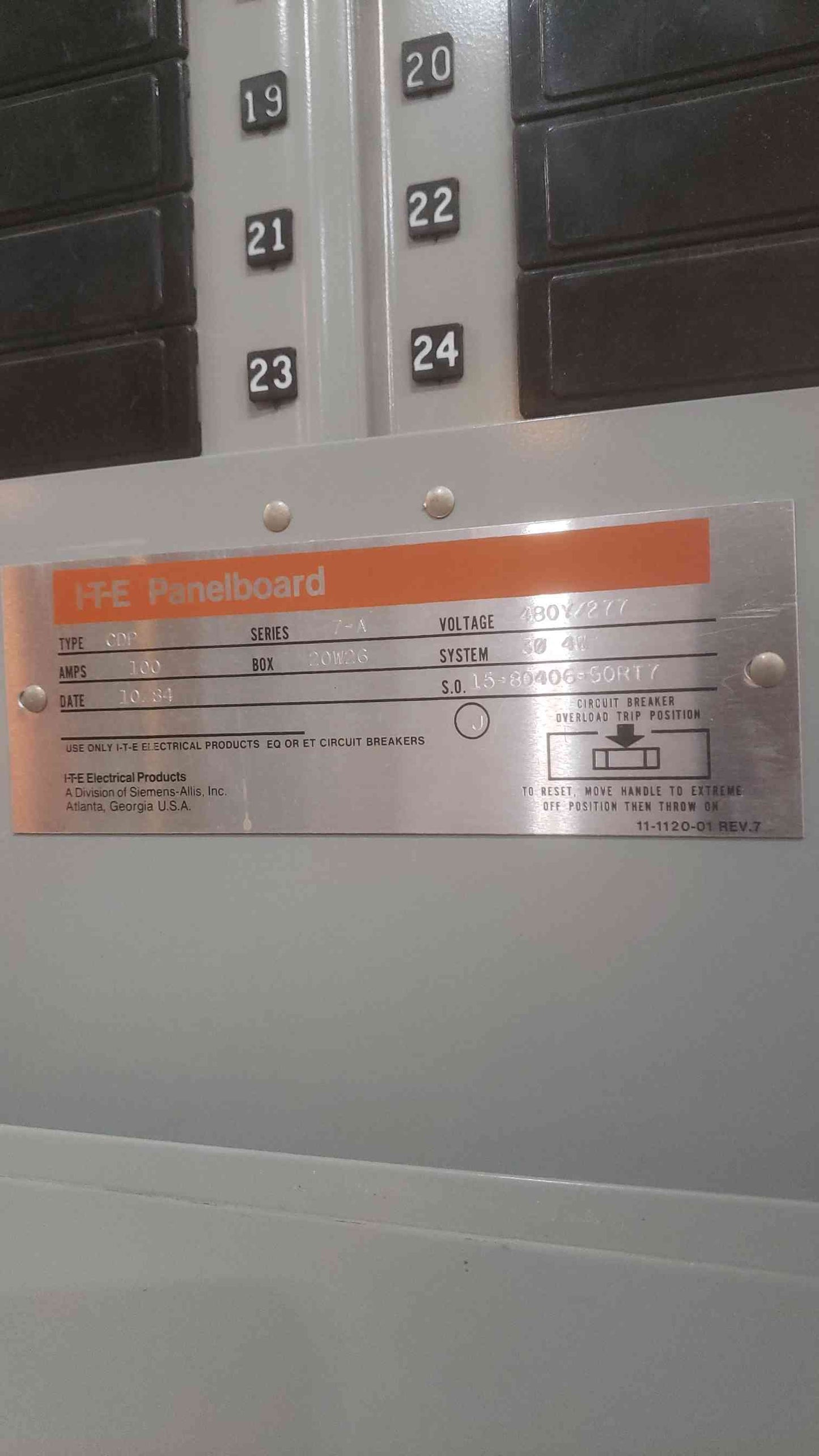 I-T-E 100A 480Y/277V 3PH 4W Panelboard(SKU: 110655)