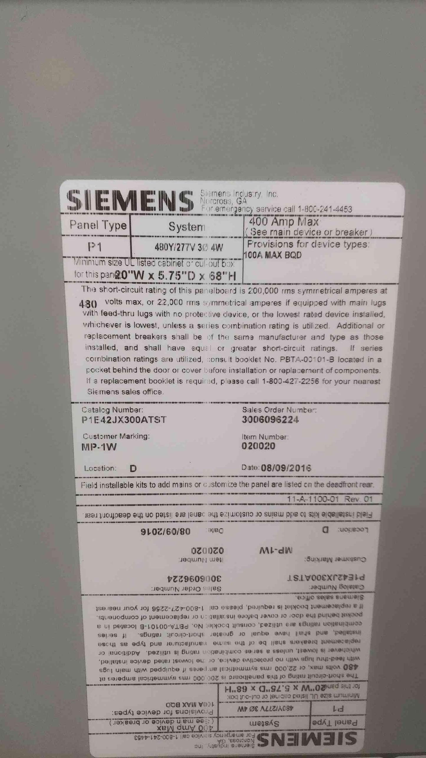 SIEMENS 400A P1 Panelboard 480Y/277V 3PH 4W 1E42JX300ATST