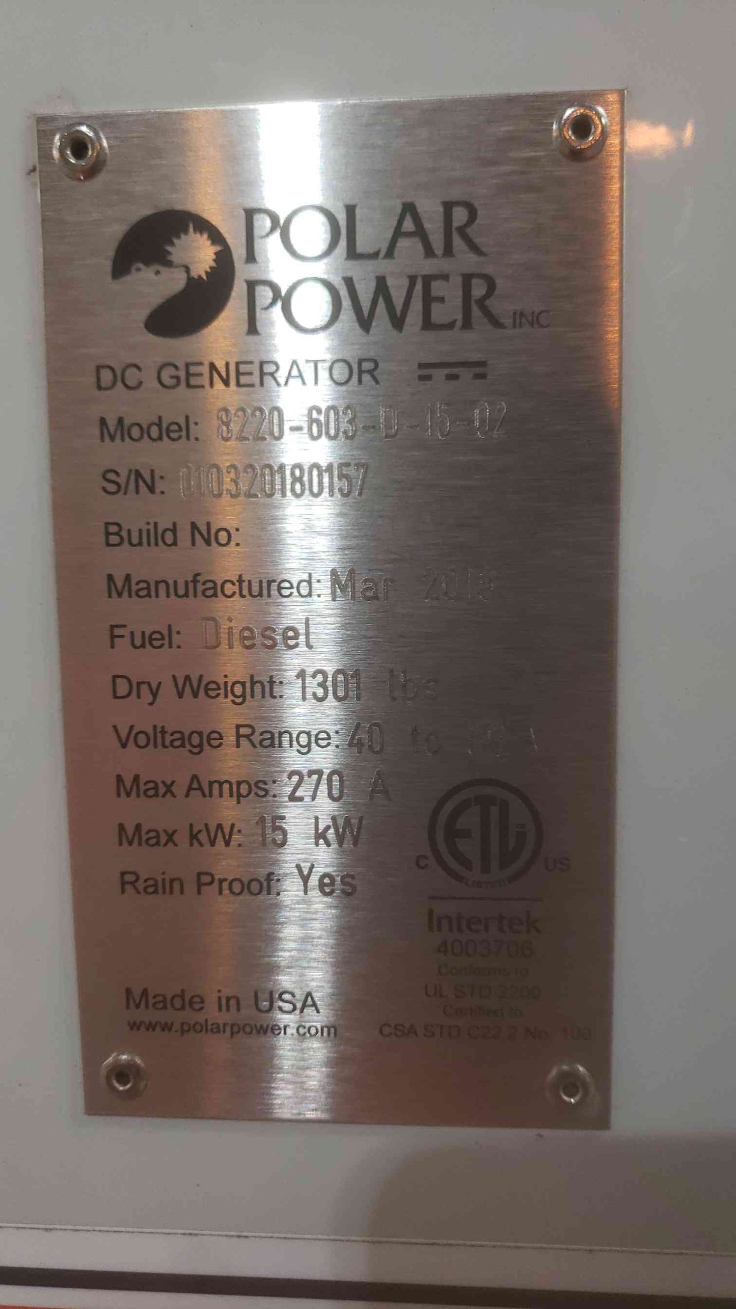 15KW POLAR POWER 40/60V 270A DC Diesel Generator 8220-603-D-15-02 77Hrs. (SKU: 110789)