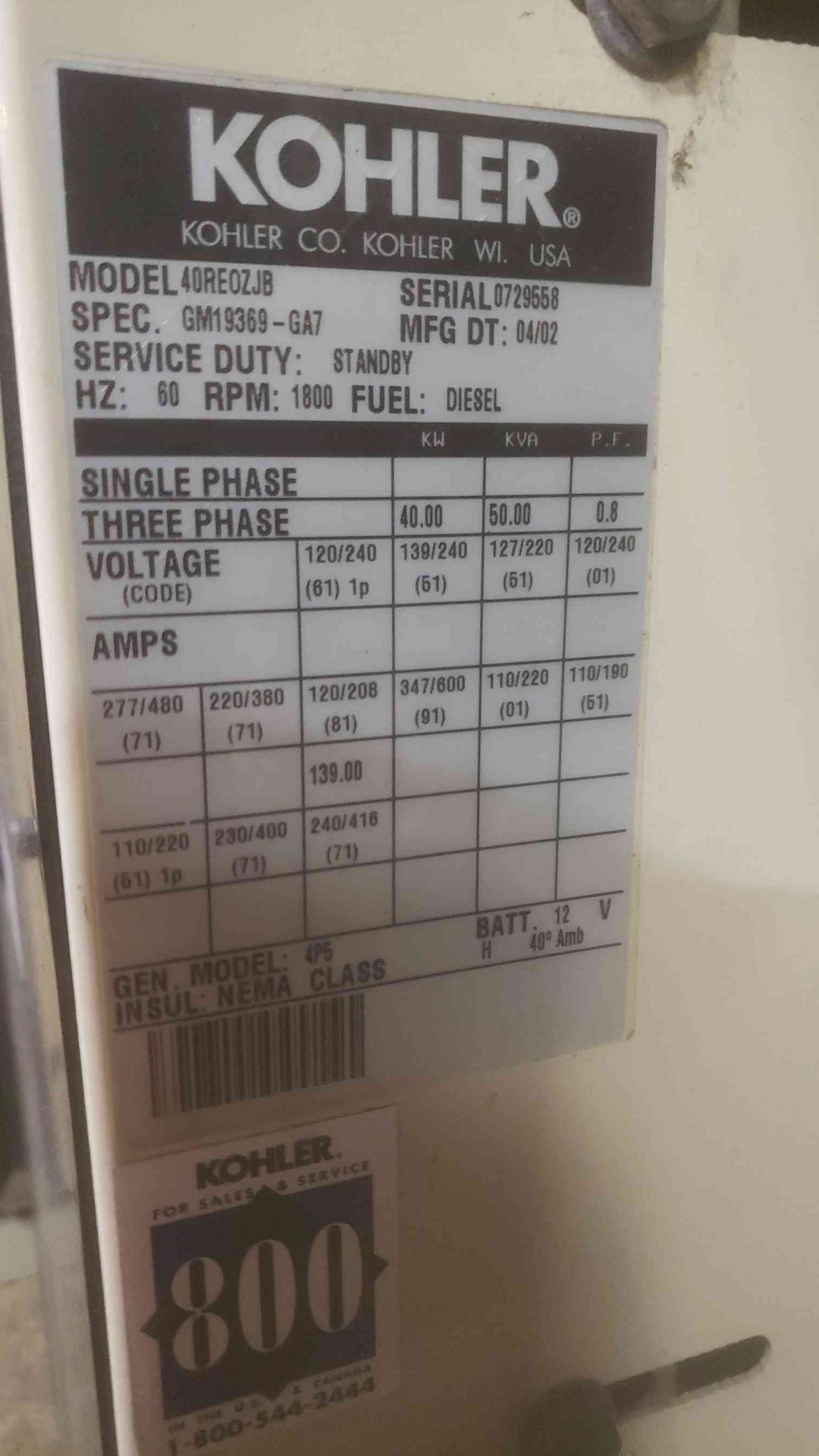 40KW Kohler 40RE0ZJB 1&3Ph Diesel Generator 471 Hrs John Deere 3029 2.9L TESTED (SKU: 110791)