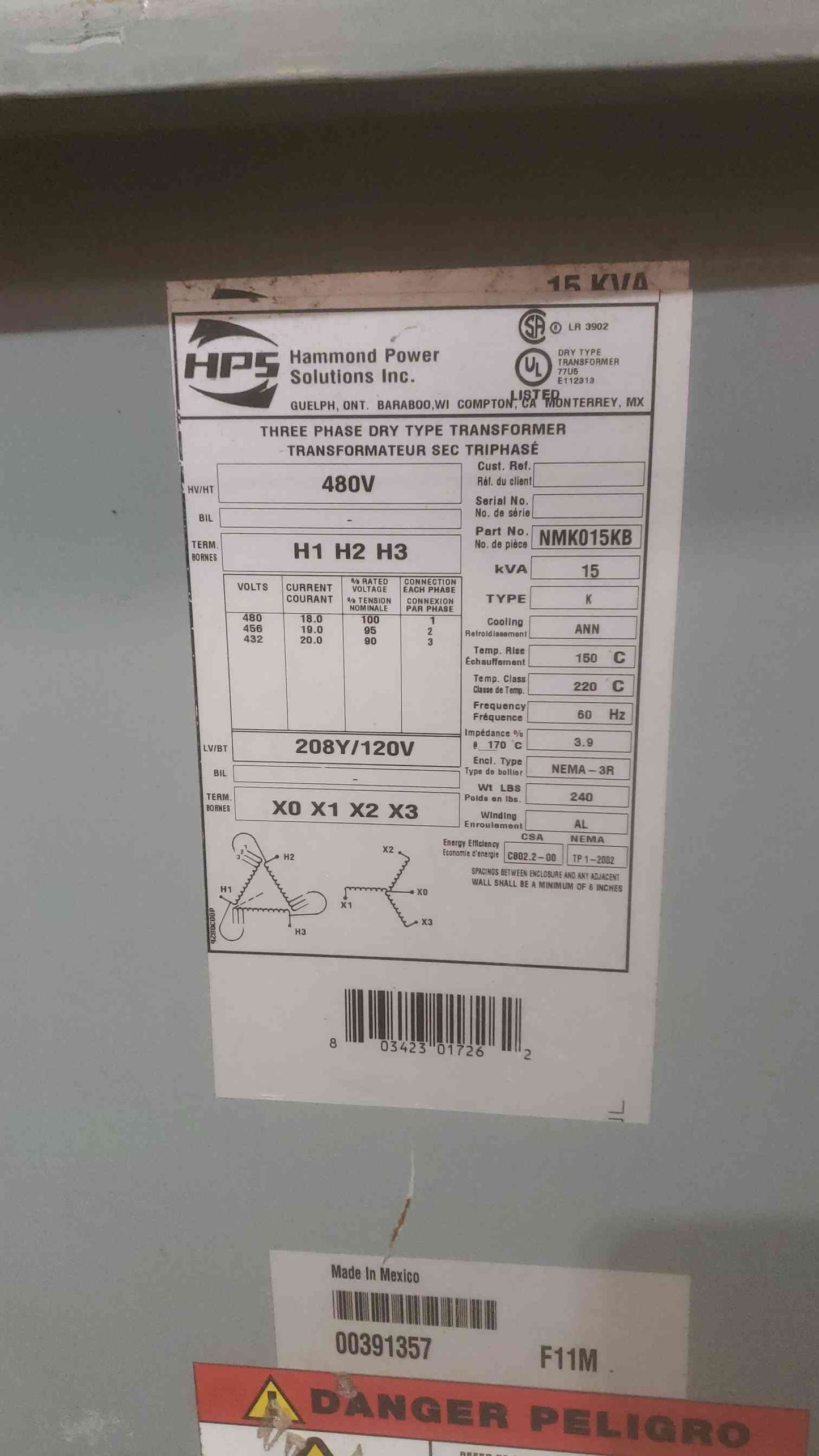 15KVA Hammond Power Solutions 480V 3PH Transformer NMK015KB(SKU: 110829)