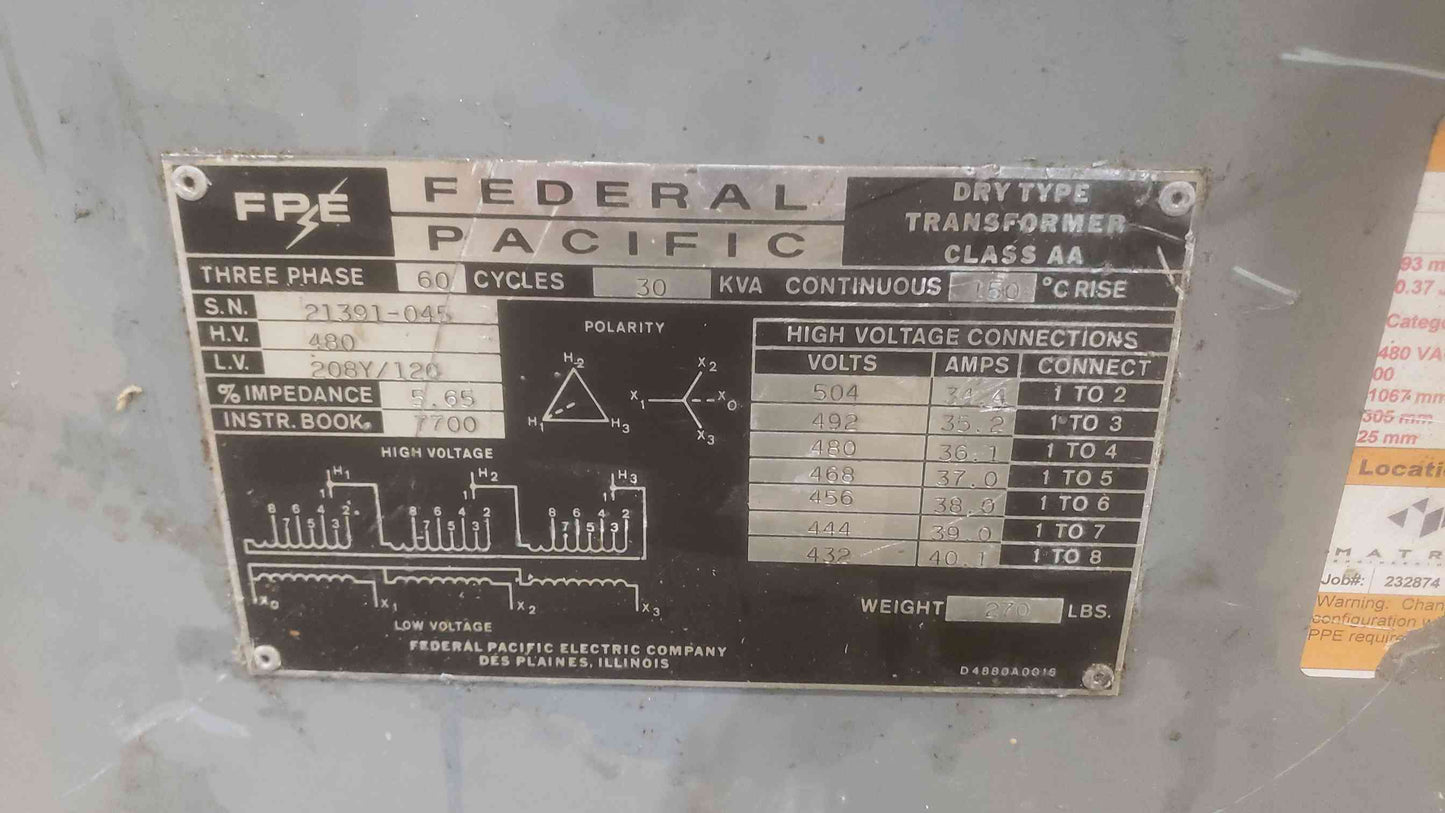 Federal Pacific 30KVA 480 208Y/120 3PH Dry Type Transformer (SKU: 110835)