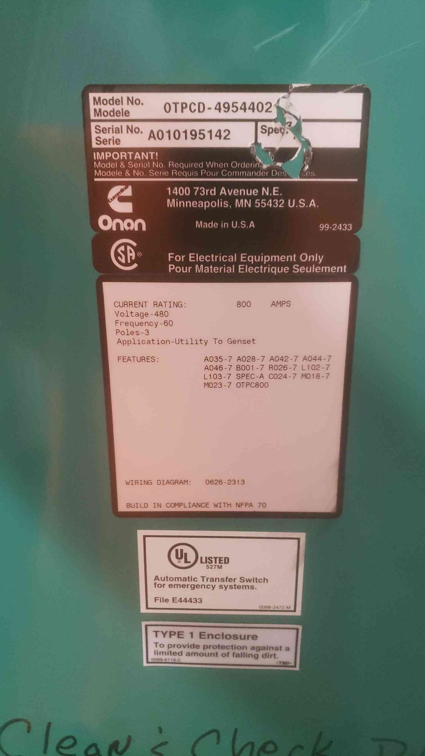 Onan 600A 480V PowerCommand ATS Transfer Switch OTPCD-4954402 '01 (SKU: 110836)