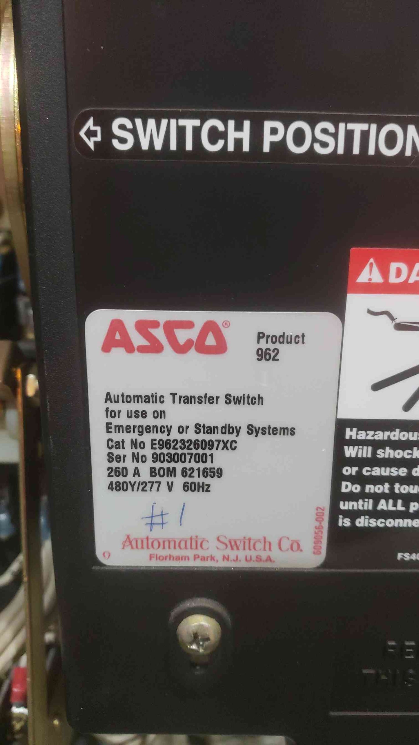 ASCO ATS 962 260A 480V 480/277V 60Hz Automatic Transfer Switch(SKU: 111032)