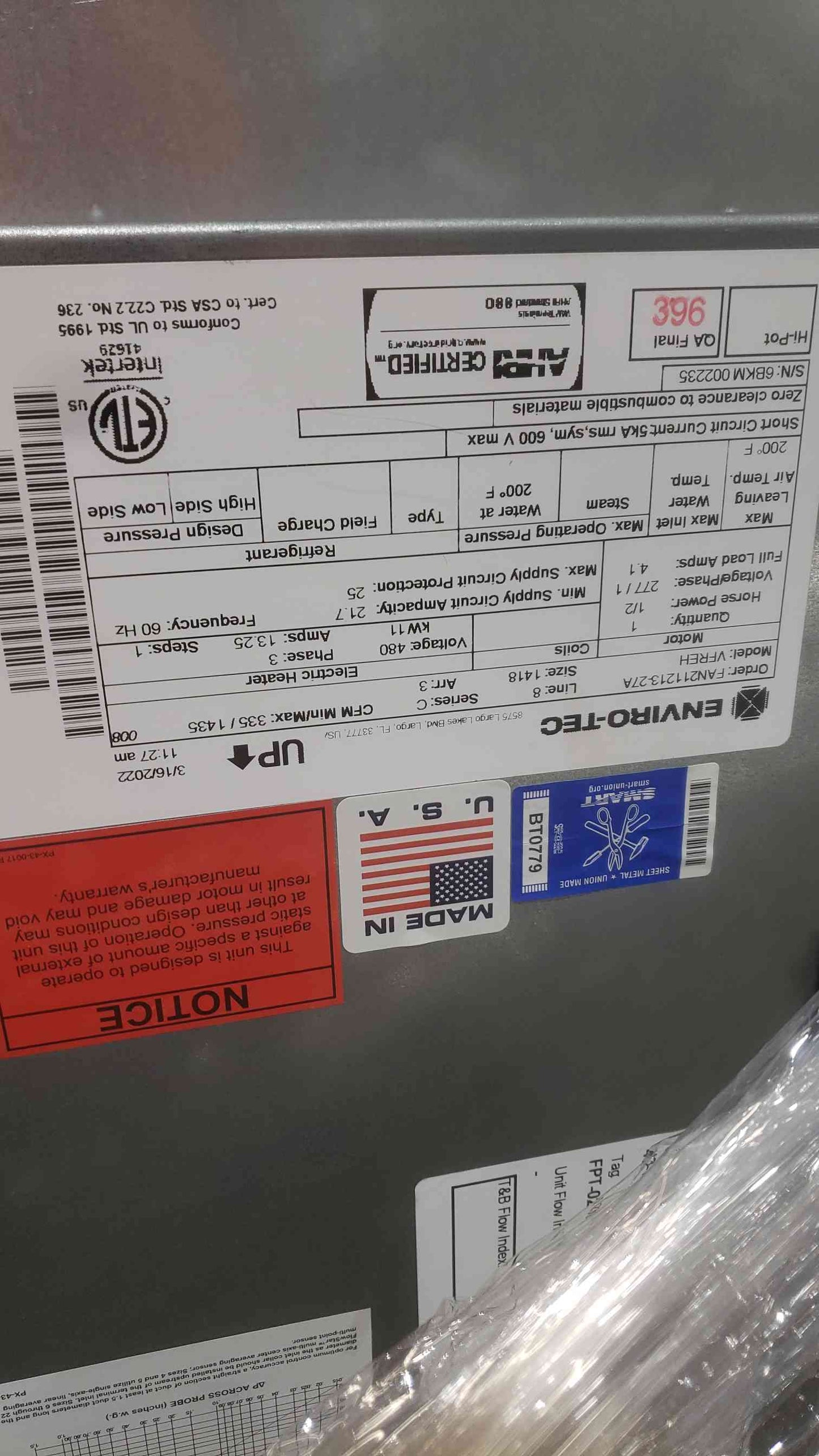 ENVIRO-TEC Model VFC-8 Vertical Fan Coil Unit