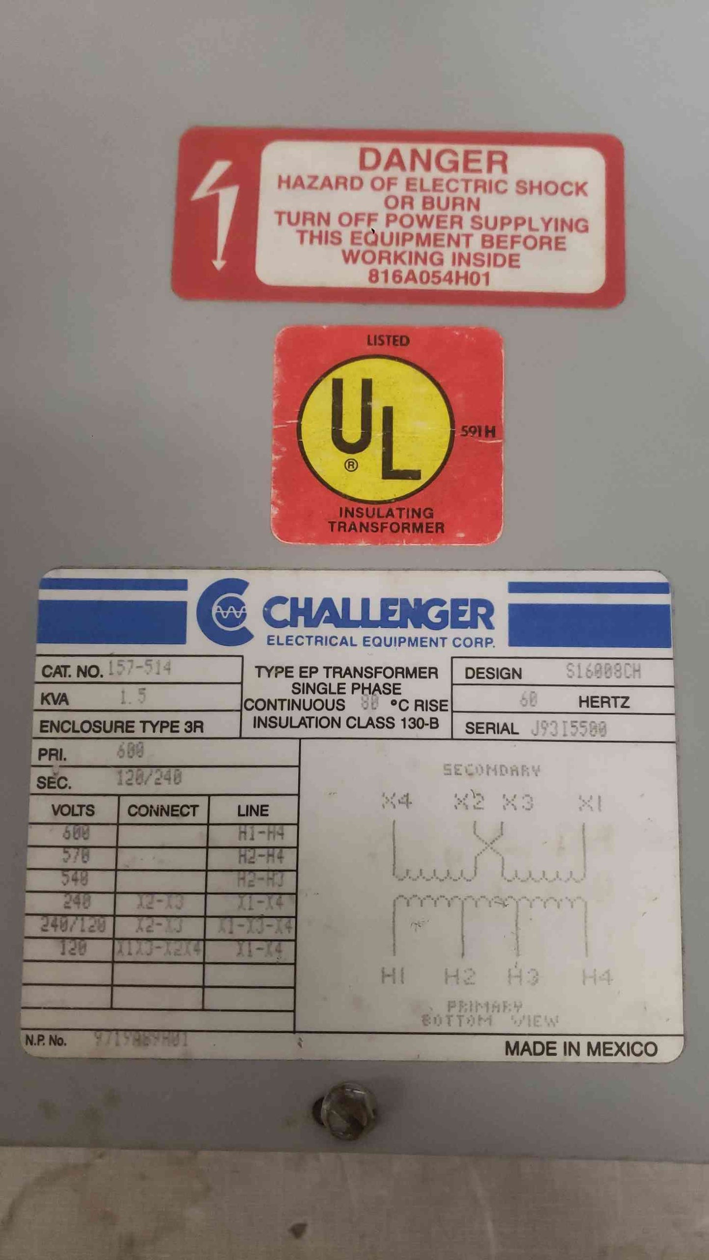 Challenger 1.5KVA 600-120/240 1PH Transformer 157-514 (SKU: 112362)