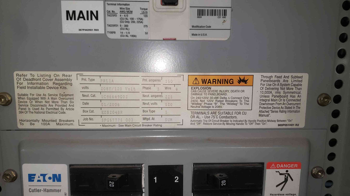 Eaton Cutler Hammer PRL1A 3 Phase Panelboard 150A Main EDB 42x 20A Box EZB2048BR