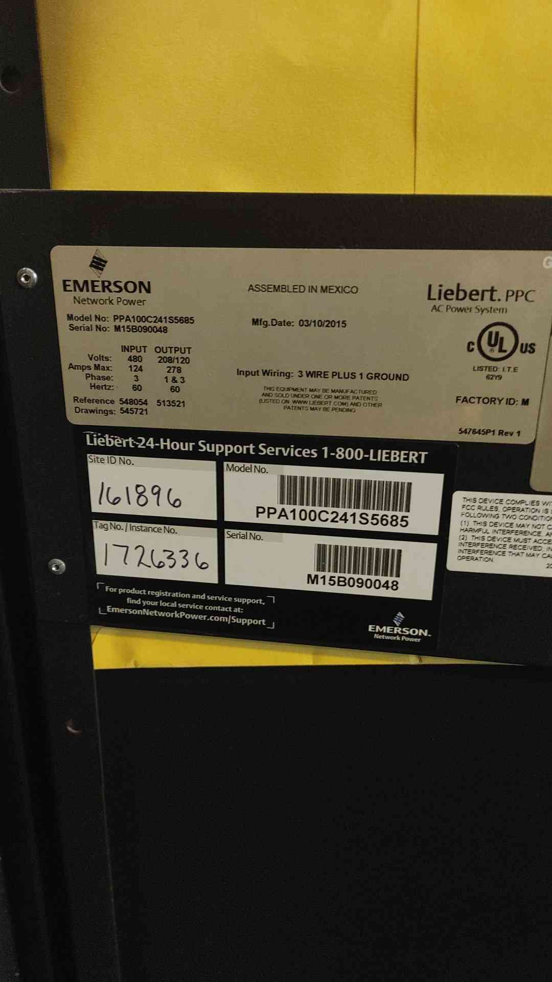 Liebert PPA100C 100kVA Precision Power Center Emerson PDU 480V-208/120V '15 - MODEL No. PPA100C241S5685(SKU: 112965)