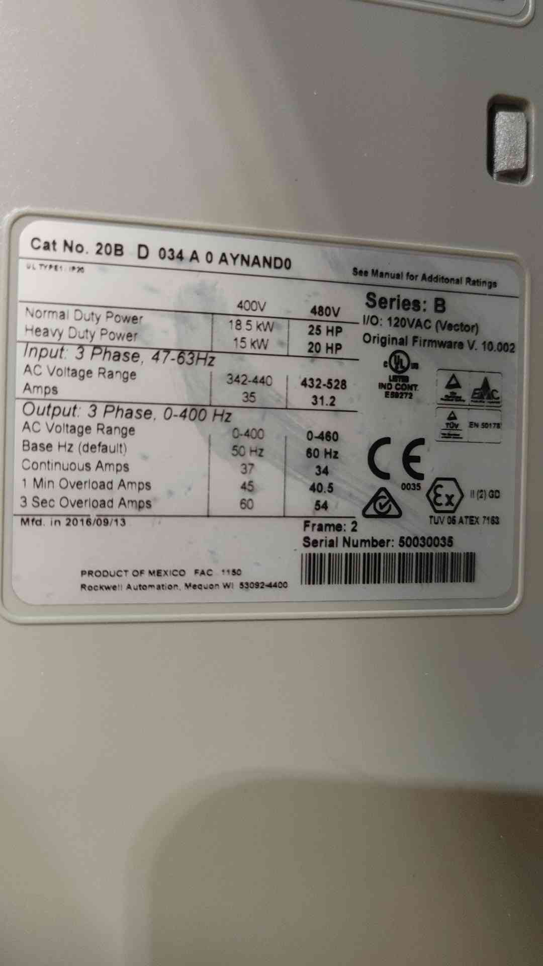 Allen Bradley PowerFlex 700 VFD 25 HP 480V 20BD034A0AYNAND0 Enclosed Panel