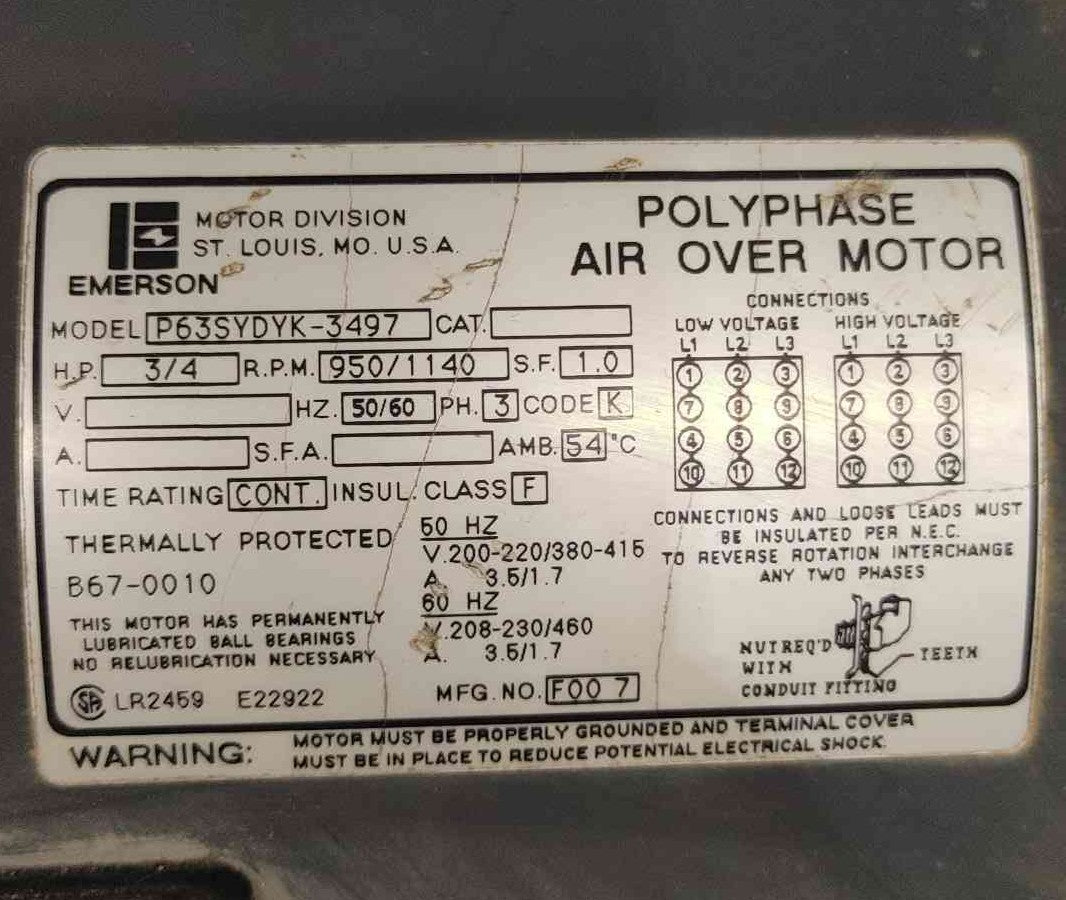 Emerson 3/4 HP 3 Phase Air Over Electric Motor 208-230/460V P63SYDYK-3497 HVAC