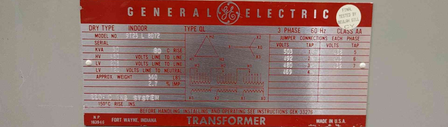 GE 9T23L8072 30 KVA Transformer 3 Phase 480V Delta to 208Y/120V Dry