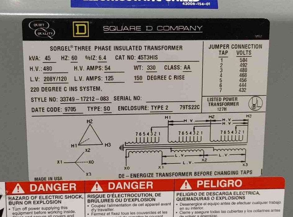 Square D Sorgel 45T3HIS 45 kVA Transformer 480V-208Y/120V 3 Ph Electrostatic Shield