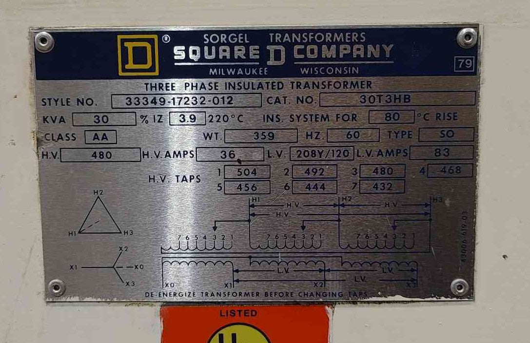 Square D Sorgel 30T3HB 30 kVA 3-Phase Transformer 480V Delta to 208Y/120V NEMA 2