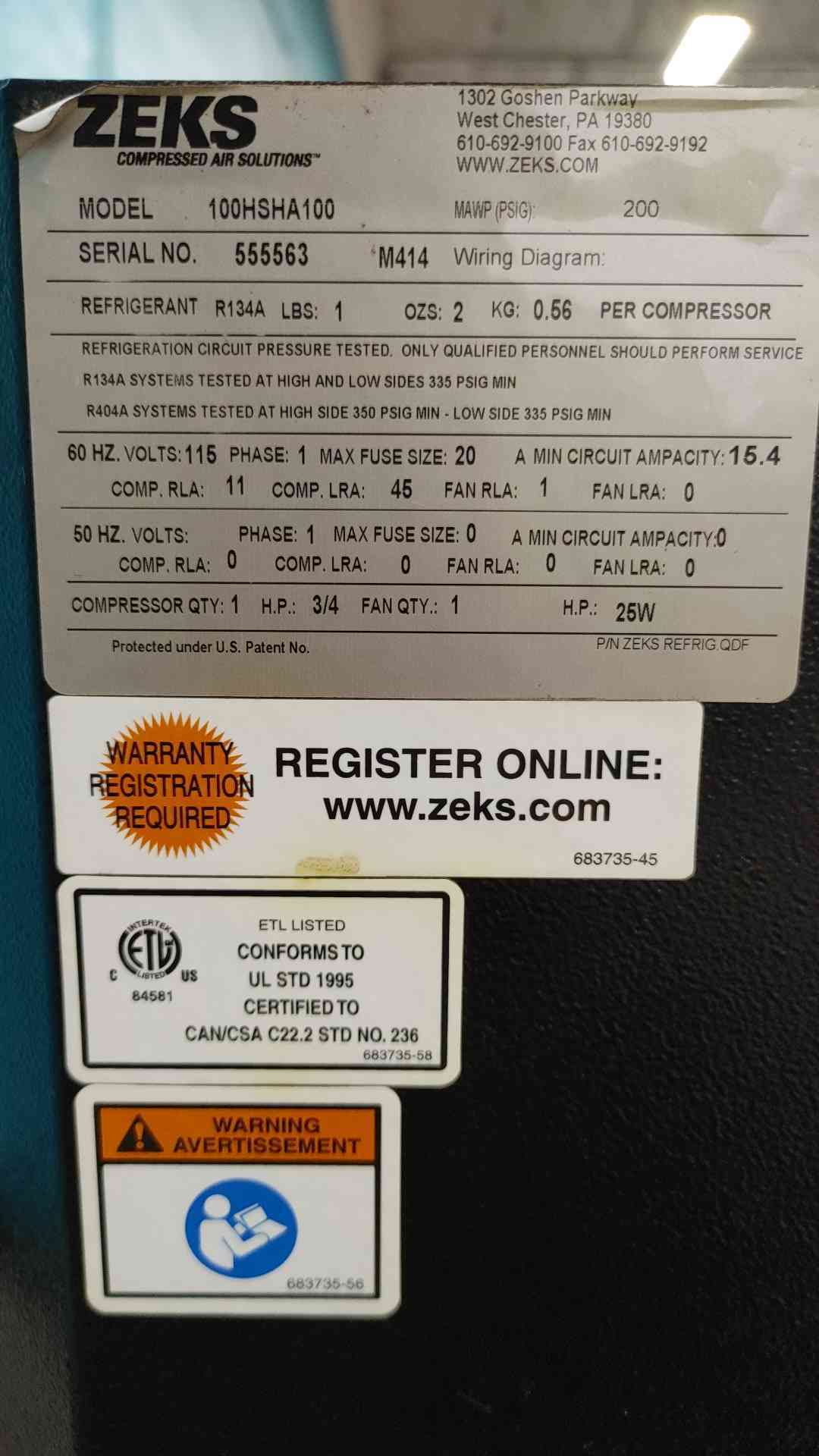 ZEKS HeatSink 100HSHA100 Refrigerated Compressed Air Dryer 100 CFM 115V 1PH