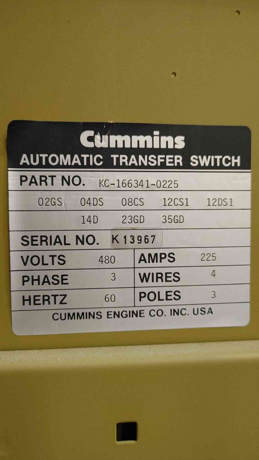 Cummins KC-166341-0225 Automatic Transfer Switch 225A 480V 3 Phase 3 Pole ATS