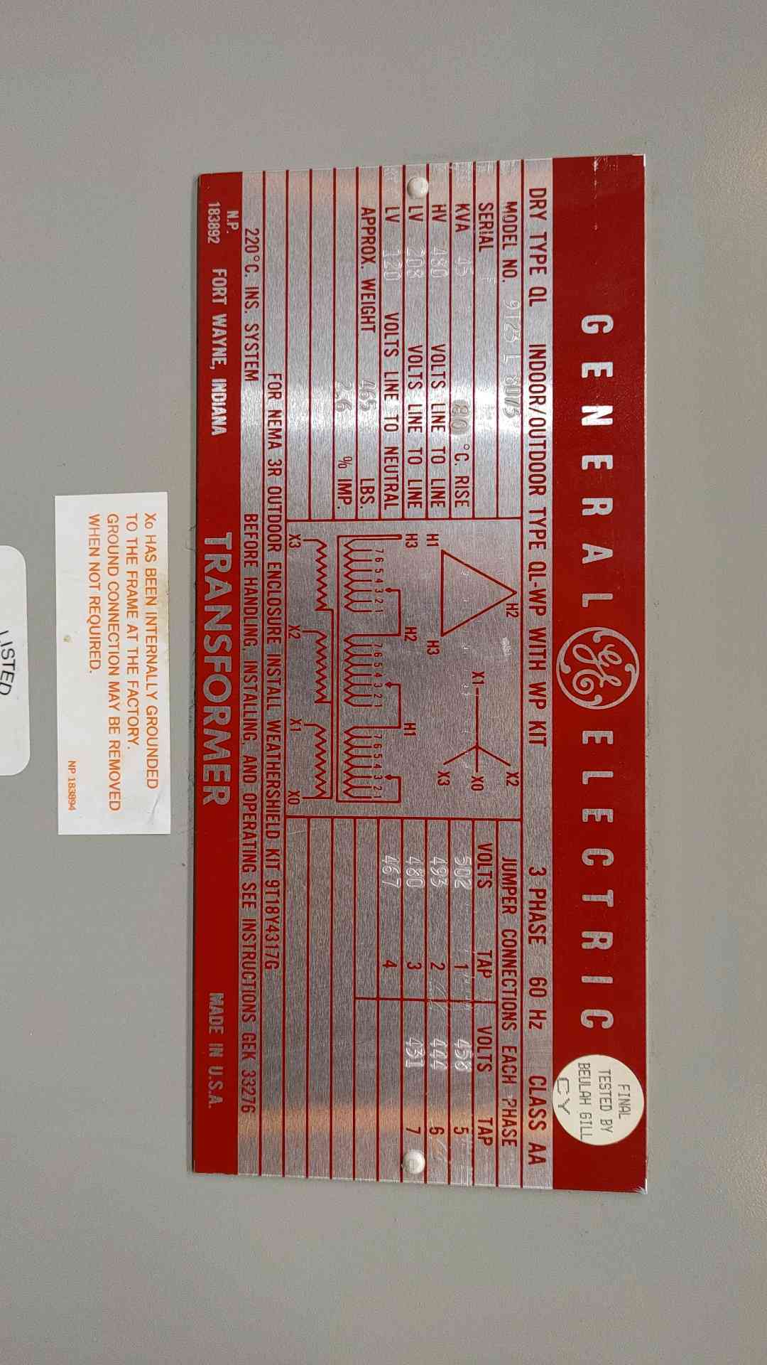 GE 45 KVA Transformer 9T23B3873 3 Phase 480V to 208Y/120V Dry Type QL-WP