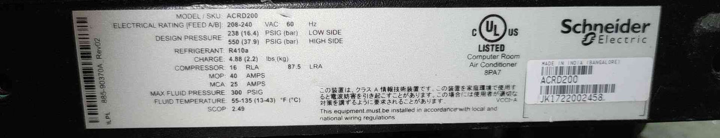 Schneider Electric InRow RD ACRD200 300mm Direct Expansion Cooling Unit 208-240V