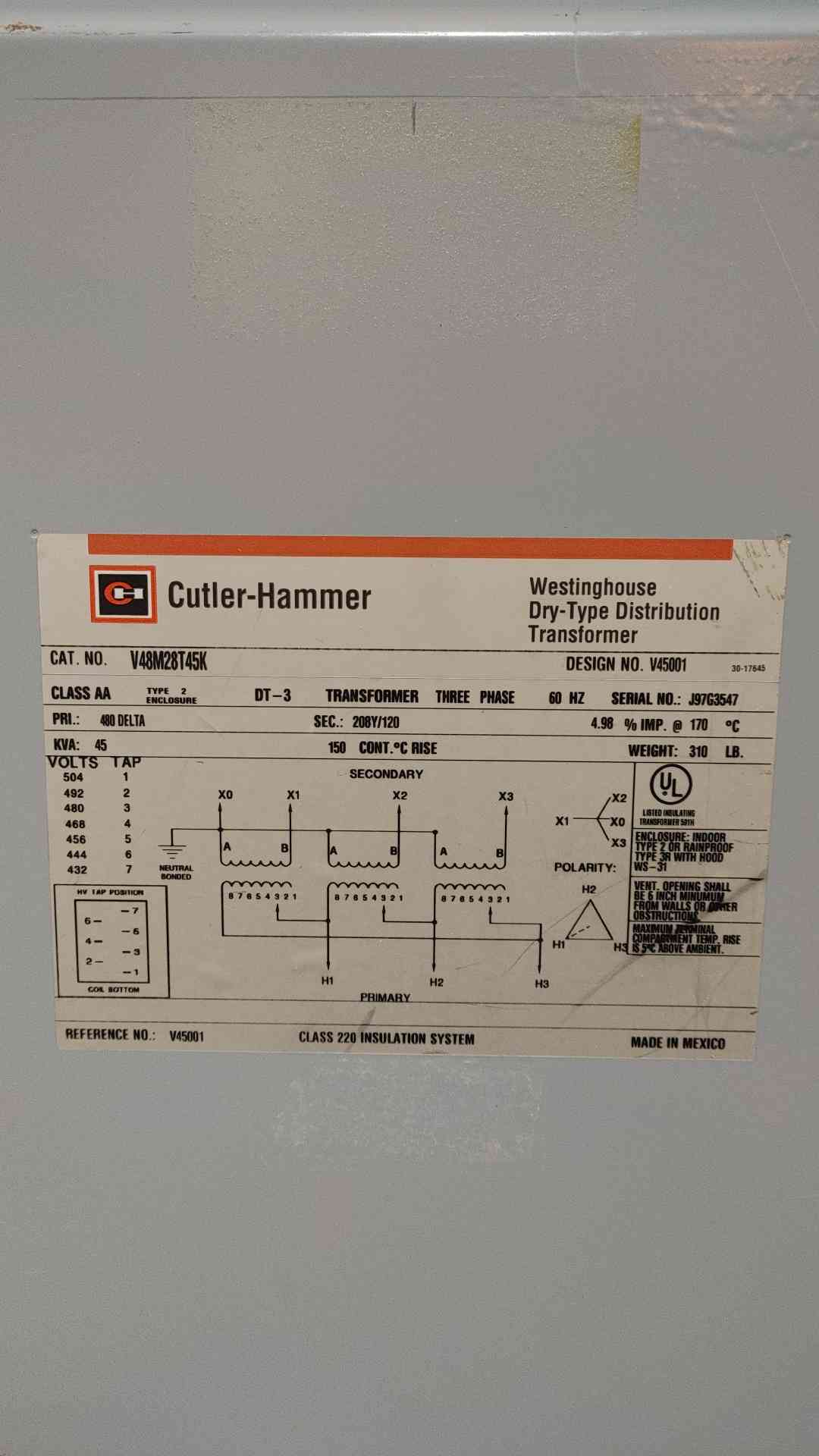 Cutler Hammer 45 kVA K-4 Transformer 480V to 208Y/120V 3Ph Dry Type V48M28T45K