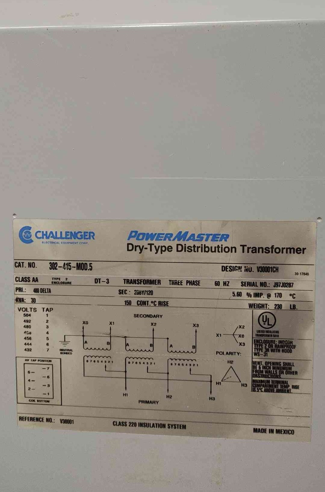 Challenger PowerMaster 30 kVA Transformer 480V to 208Y/120V 3Ph 302-415-MOD.5