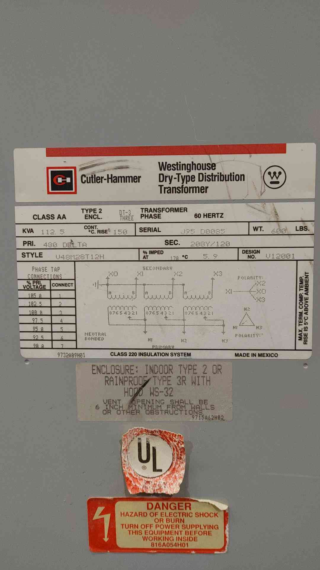 Cutler Hammer 112.5 kVA Transformer 480V to 208Y/120V 3Ph 112.5kVA V48M28T12H