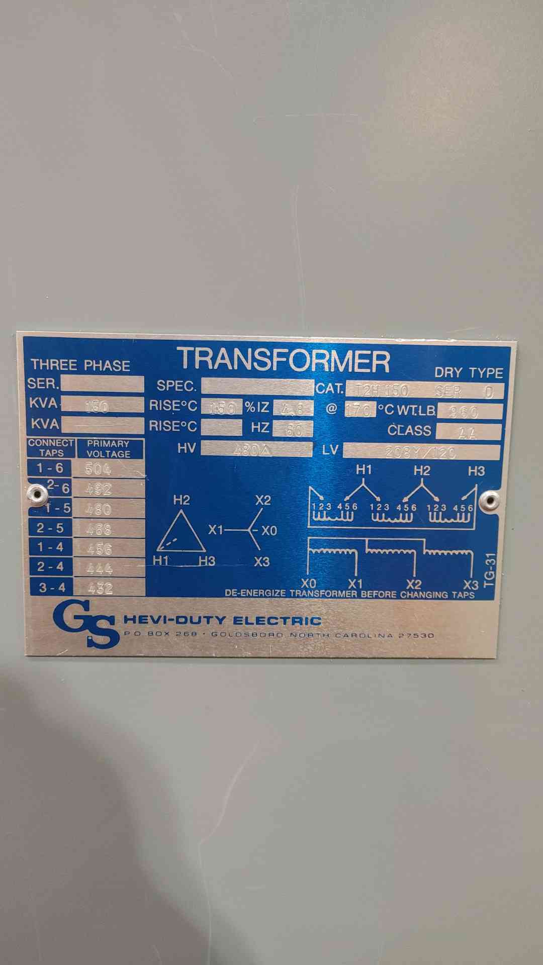 Hevi-Duty T2H150 150 kVA 3 Phase Dry Type Transformer 480V Delta to 208Y 120V