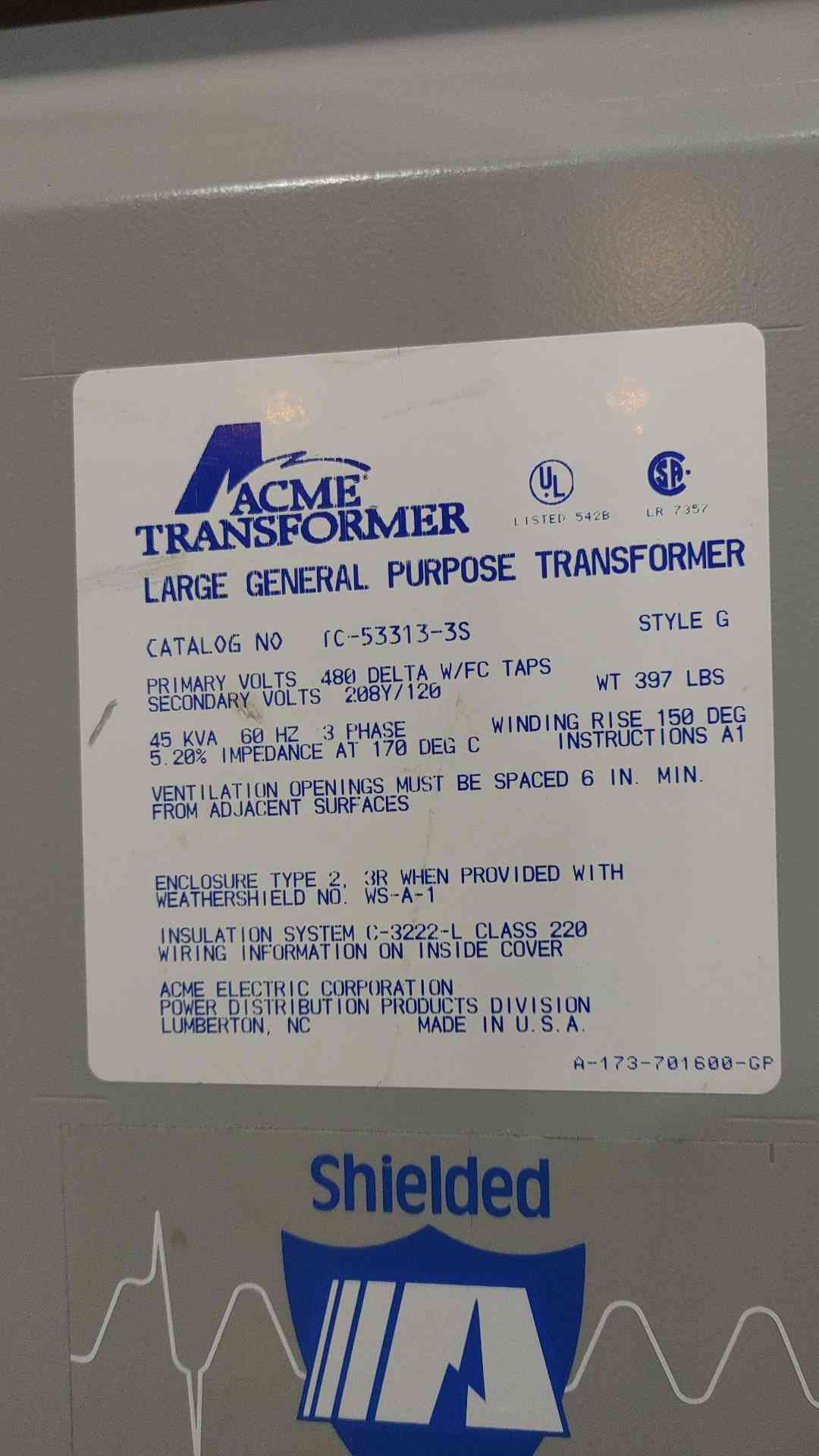 Acme TC-53313-3S 45 kVA 3 Phase Dry Transformer 480V Delta to 208Y 120V Shielded