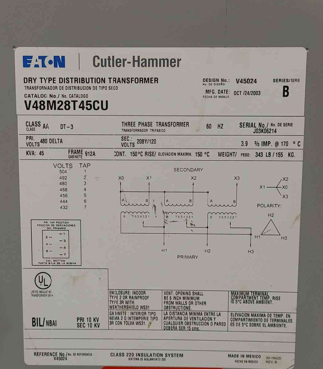 Eaton Cutler Hammer 45 kVA Transformer V48M28T45CU Copper 3PH 480V to 208Y 120V