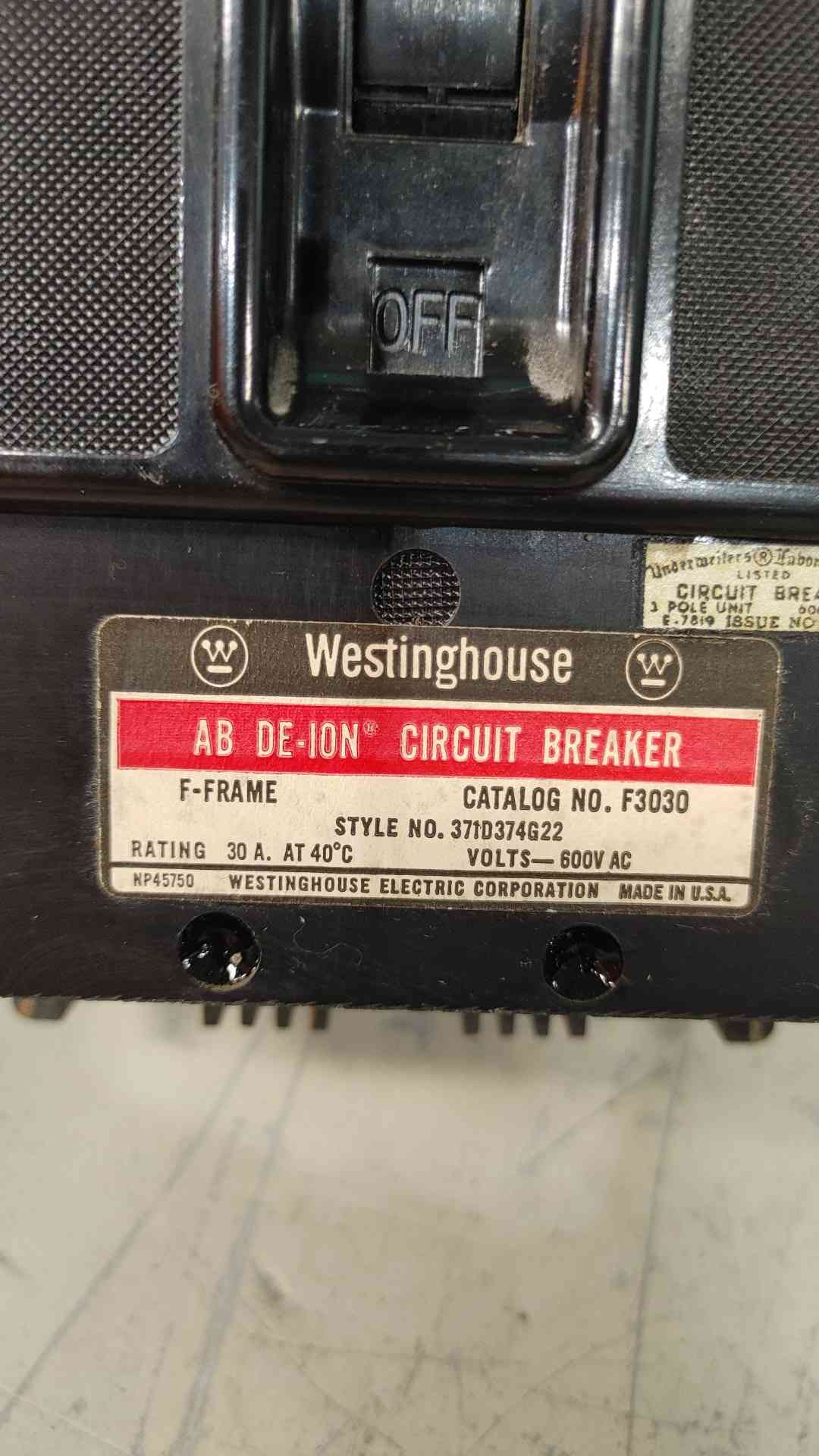 Westinghouse F3030 30A 3 Pole Circuit Breaker 600V F Frame 371D374G22 AB De-Ion
