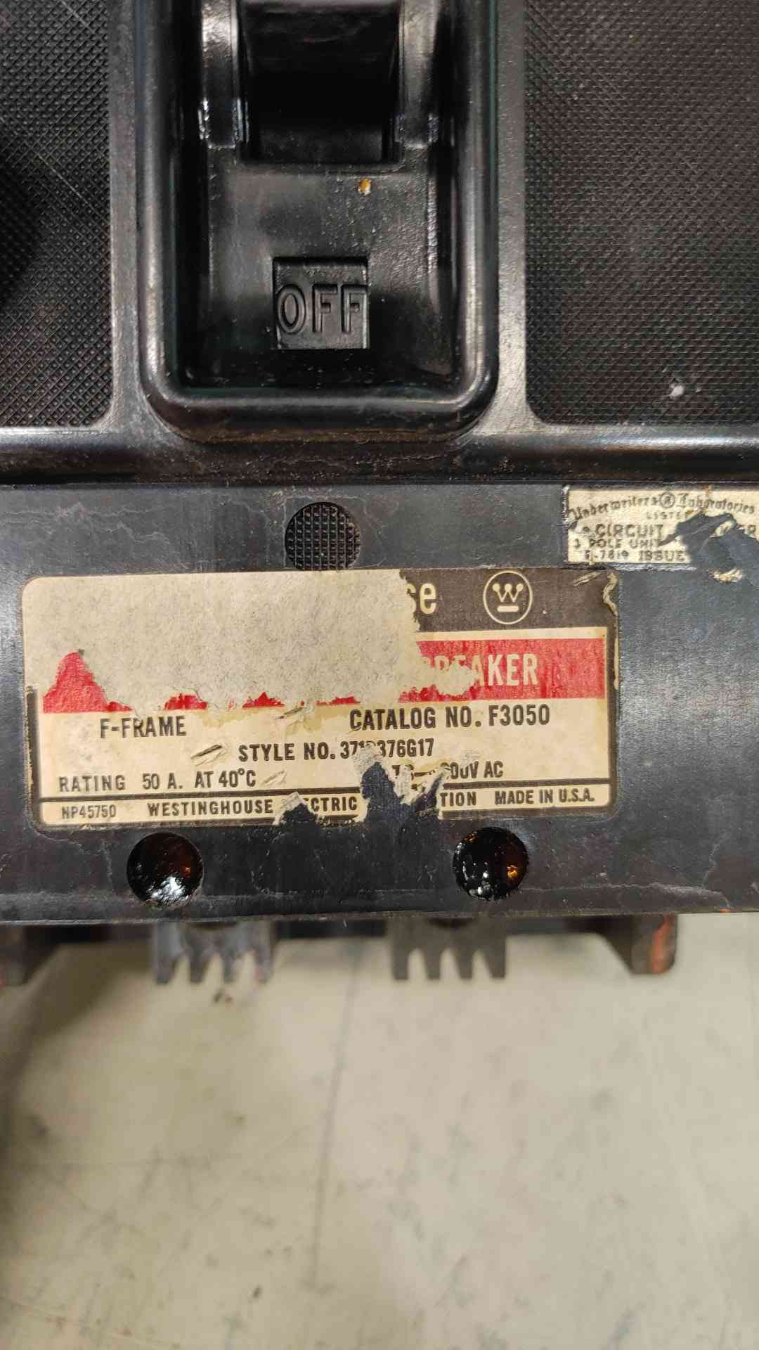 Westinghouse F3050 50A 3 Pole Circuit Breaker 600V F Frame 37376G17 AB De-Ion