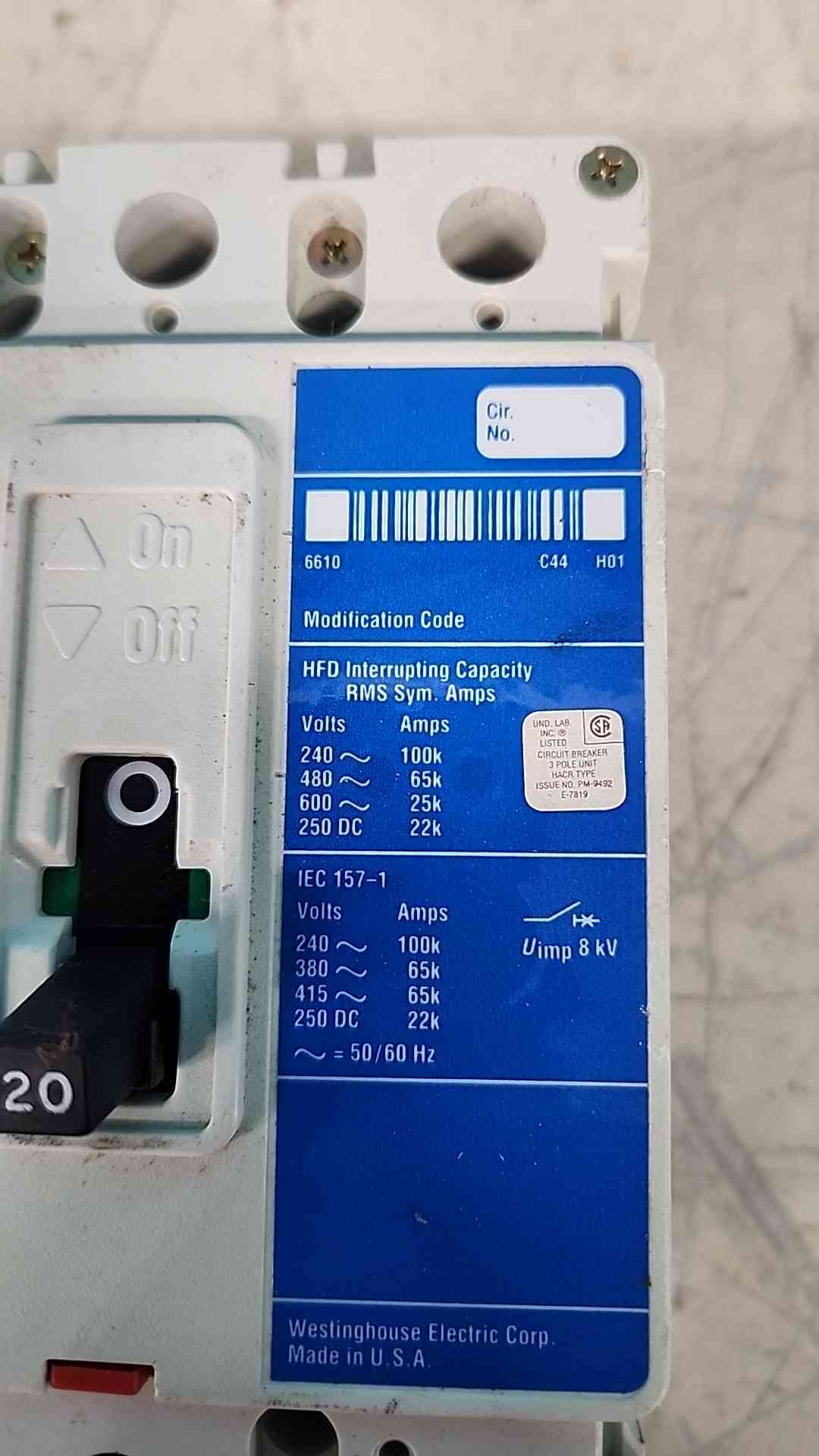 Westinghouse HFD3020 20A 3 Pole Circuit Breaker 600V HFD 65k Series C 6639C86