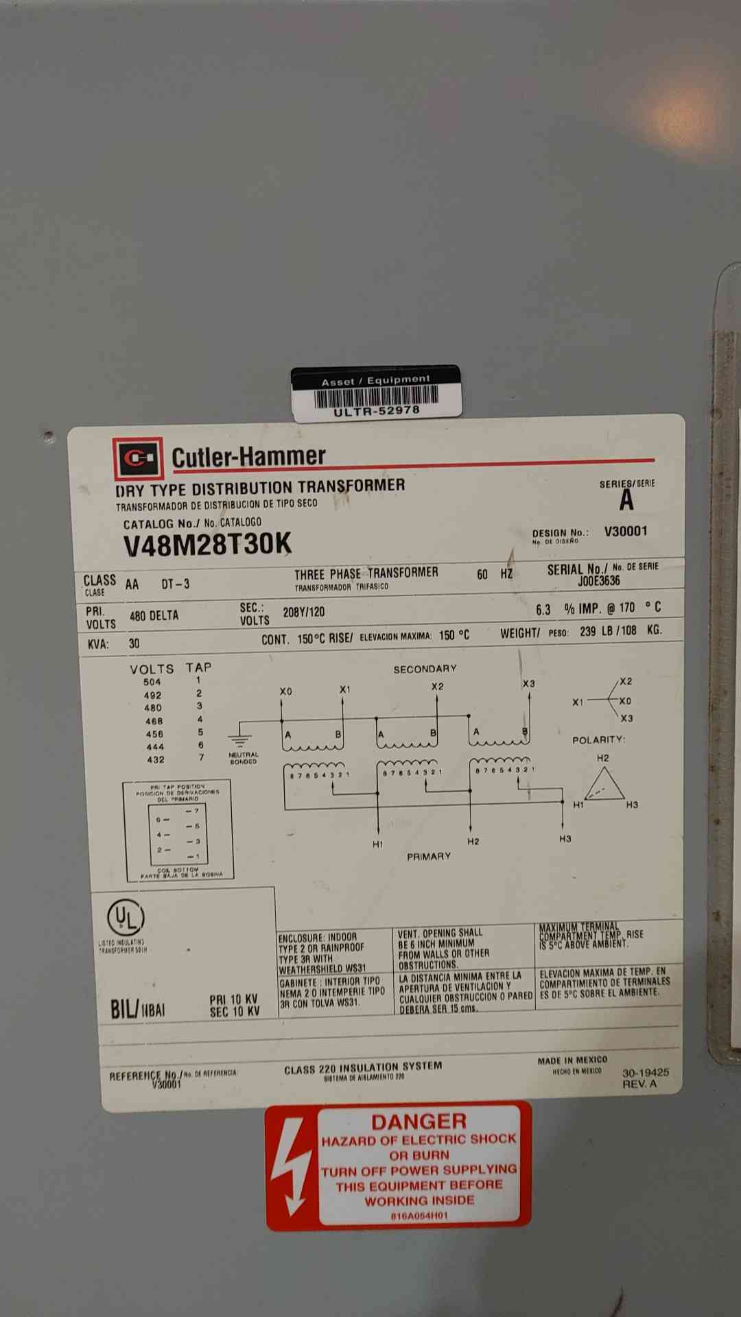 Cutler Hammer V48M28T30K 30 kVA Dry Type Transformer 3 Phase 480V to 208Y/120V